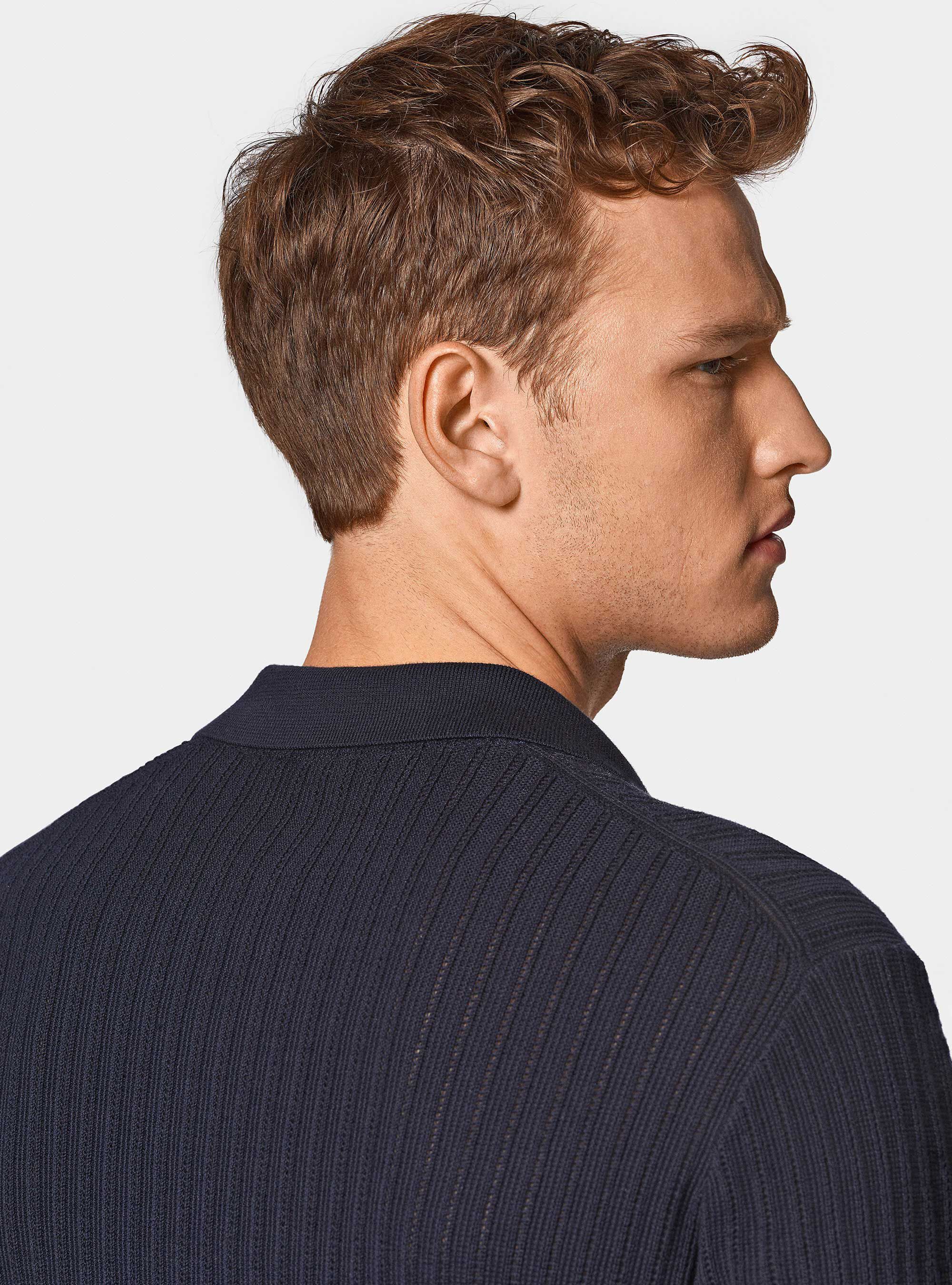 Perforated knit polo shirt without buttons in extra-fine cotton, NAVY BLUE