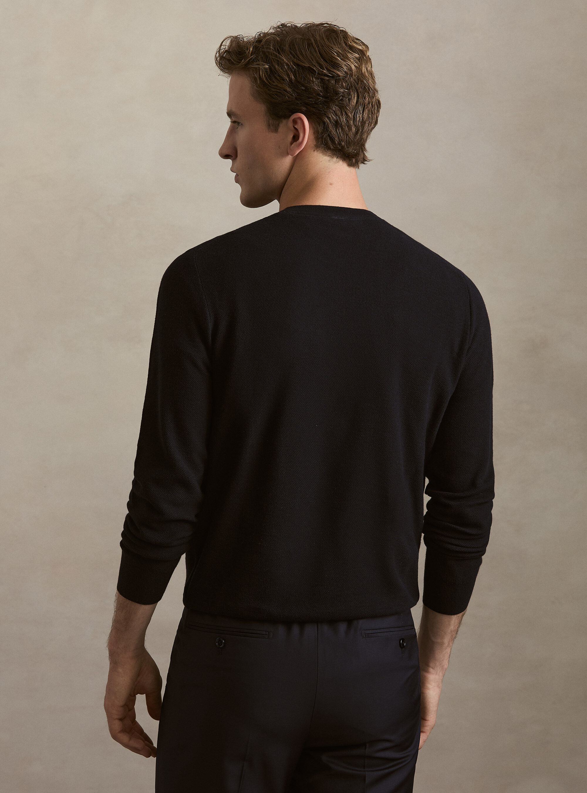 Girocollo in maglia nido d'ape in cotone cashmere, AZUL MARINO