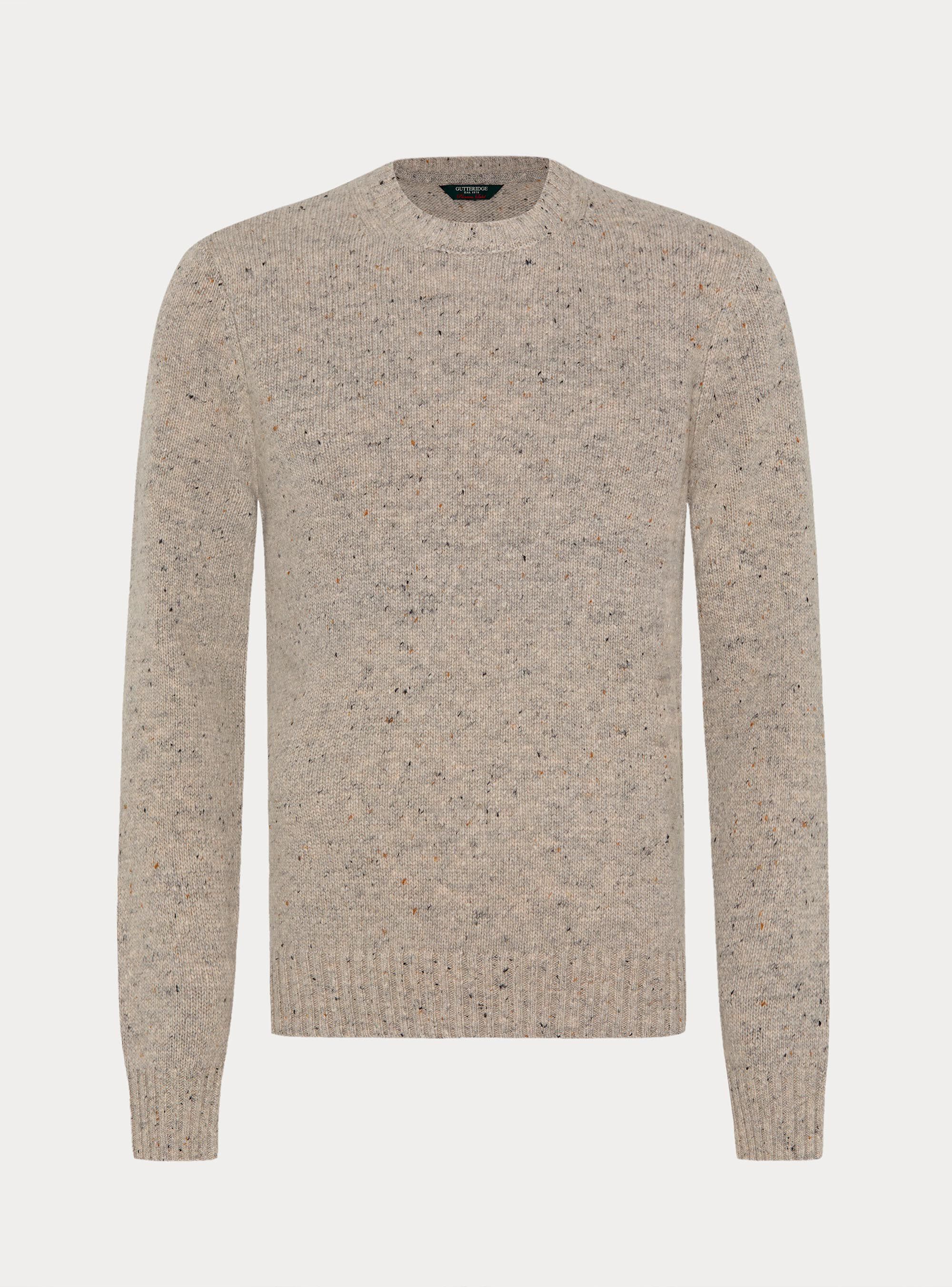 Donegal-style merino wool blend crewneck sweater, LIGHT GREY MELANGE