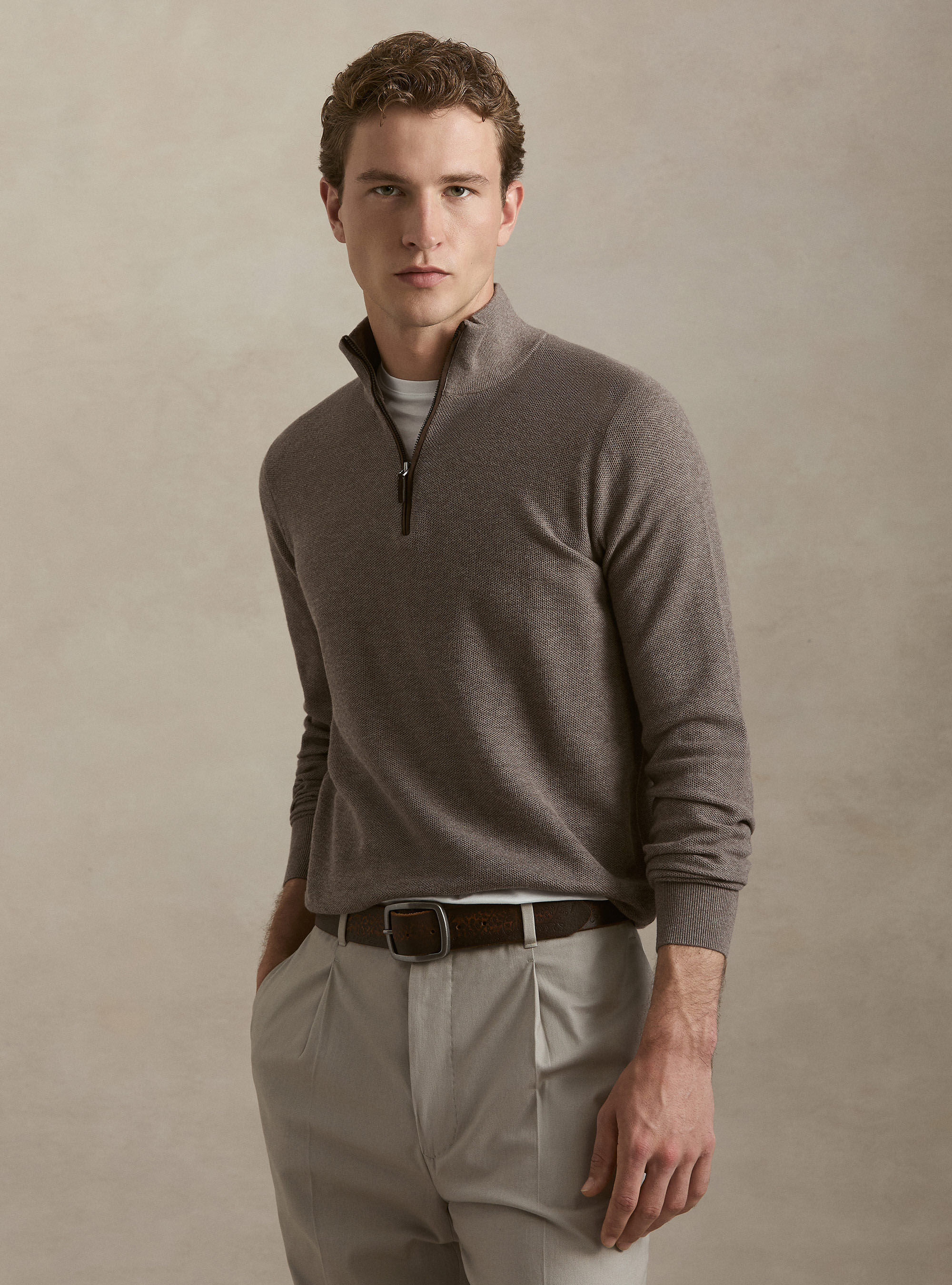 Maglia con mezza zip nido d'ape in cotone cashmere