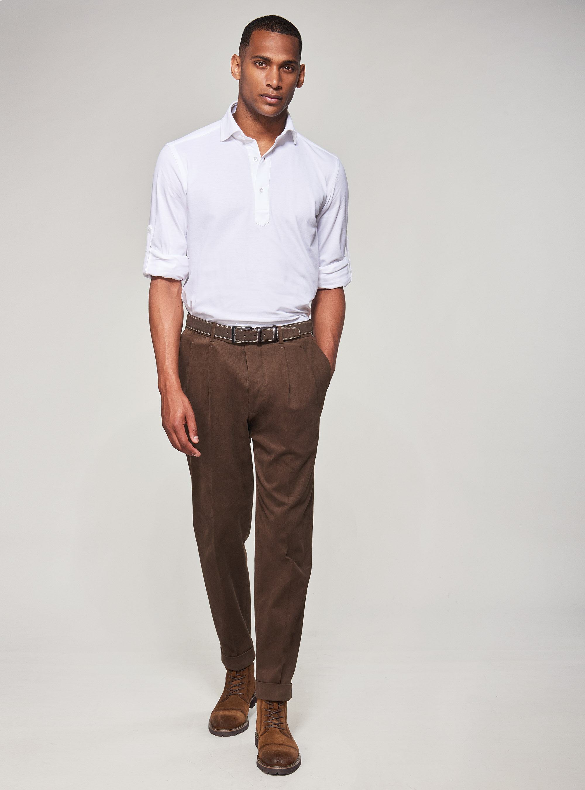 White polo and brown on sale pants