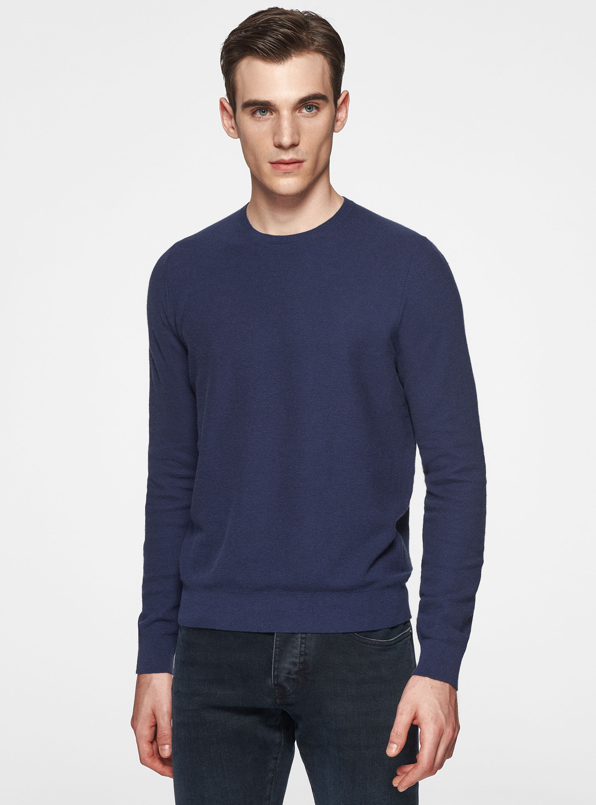 Cotton cashmere honeycomb crew neck sweater