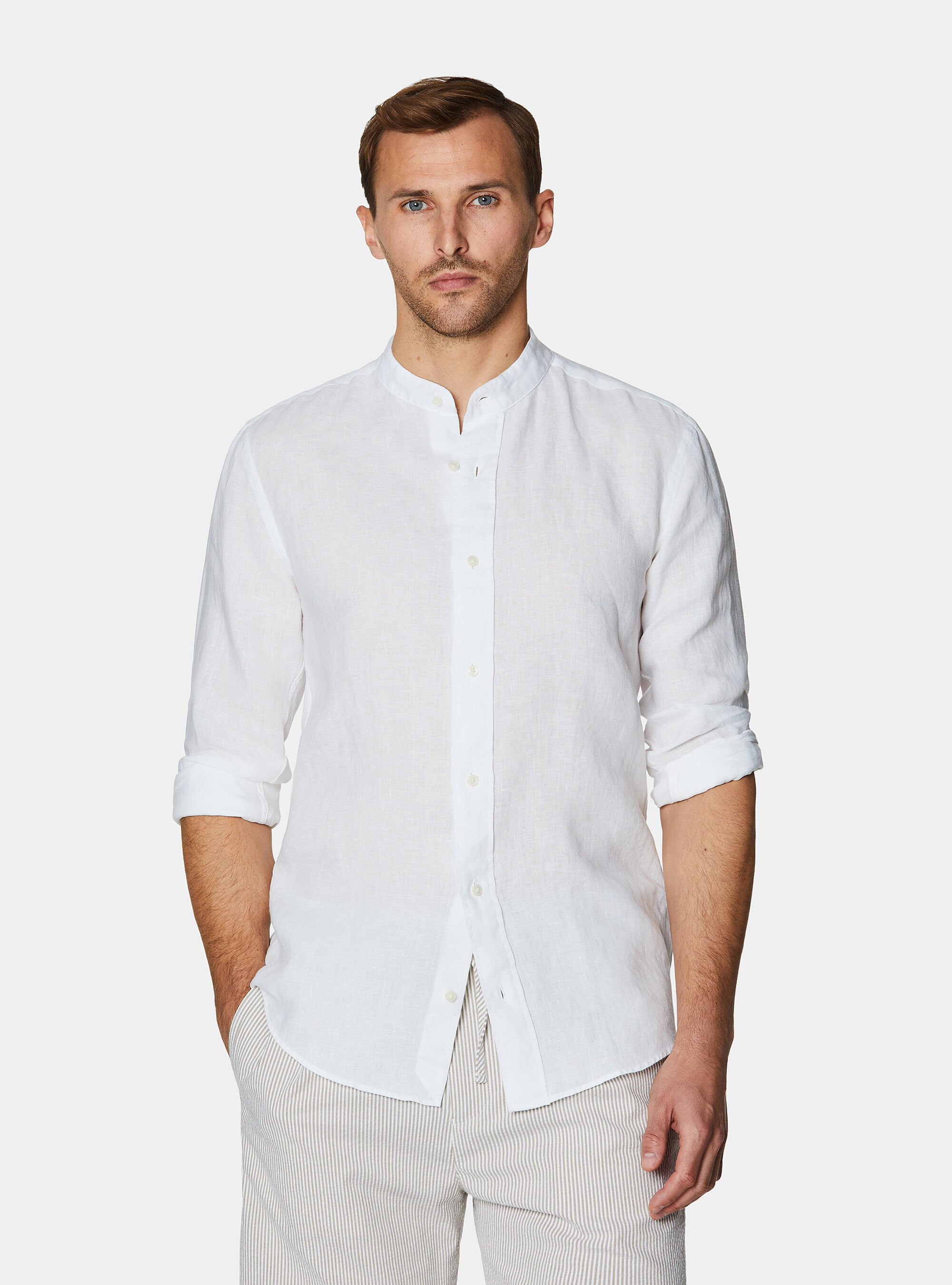 Camicia coreana in puro lino, BIANCO
