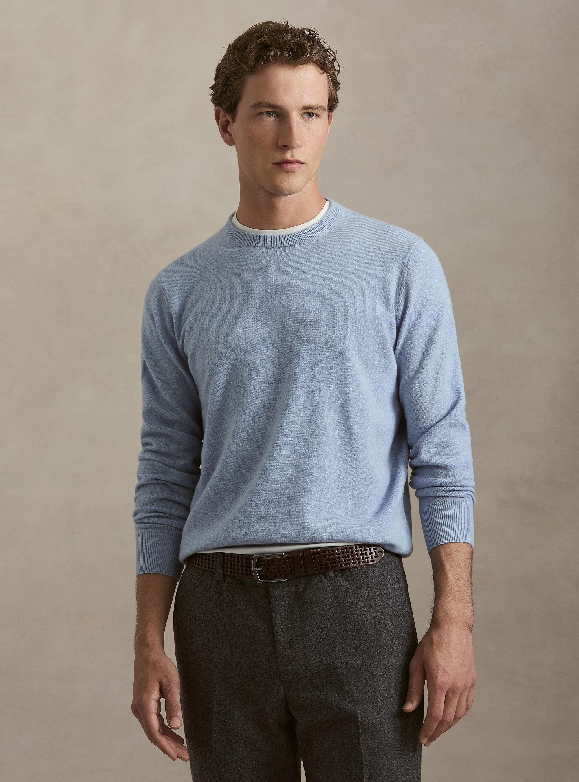 Lambswool and cashmere crewneck sweater, AZZURRO POLVERE 0283C