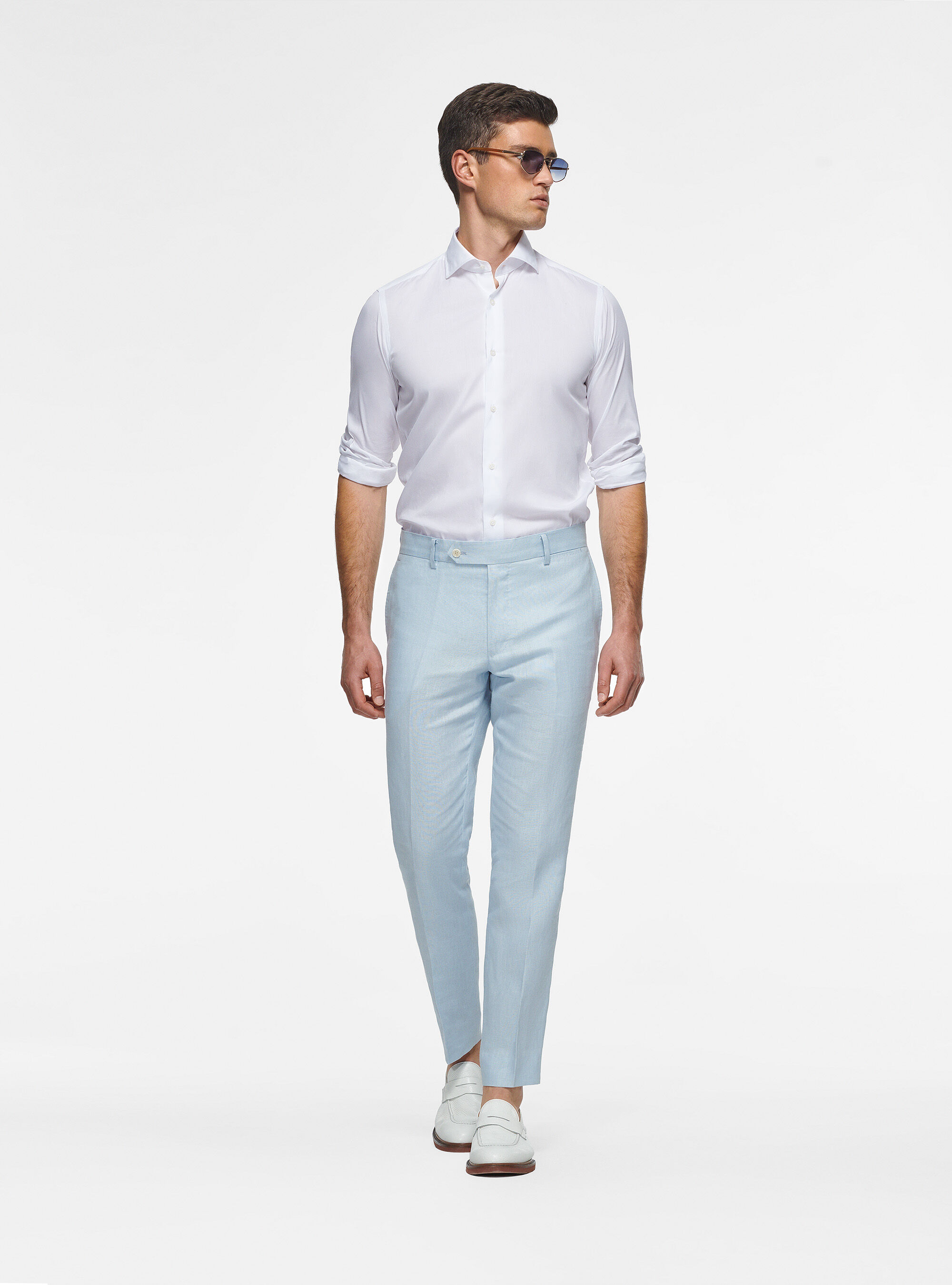 Pantaloni in puro lino, AZZURRO