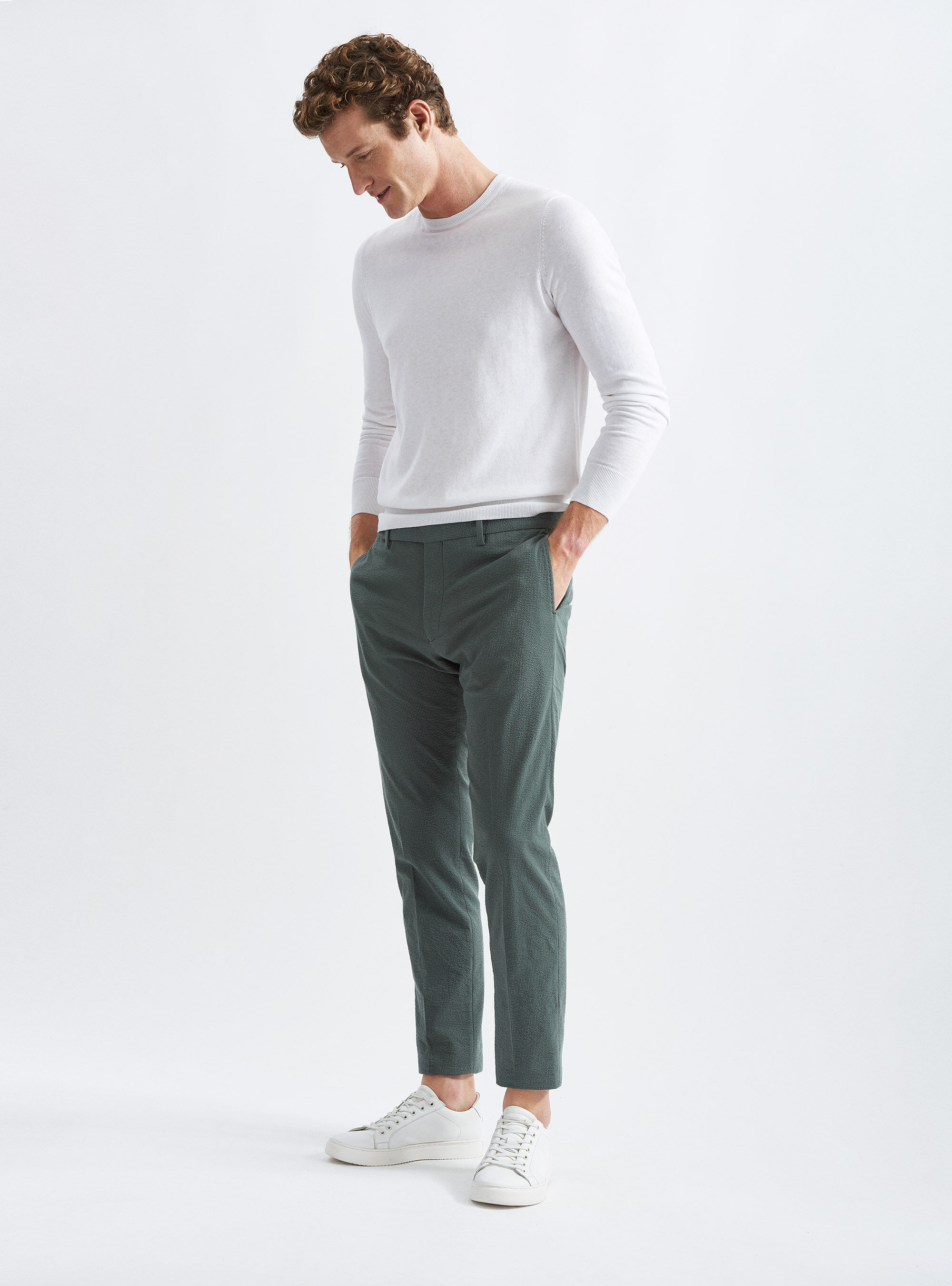 Pantaloni per abito seersucker in cotone stretch, 0609C MILITARE