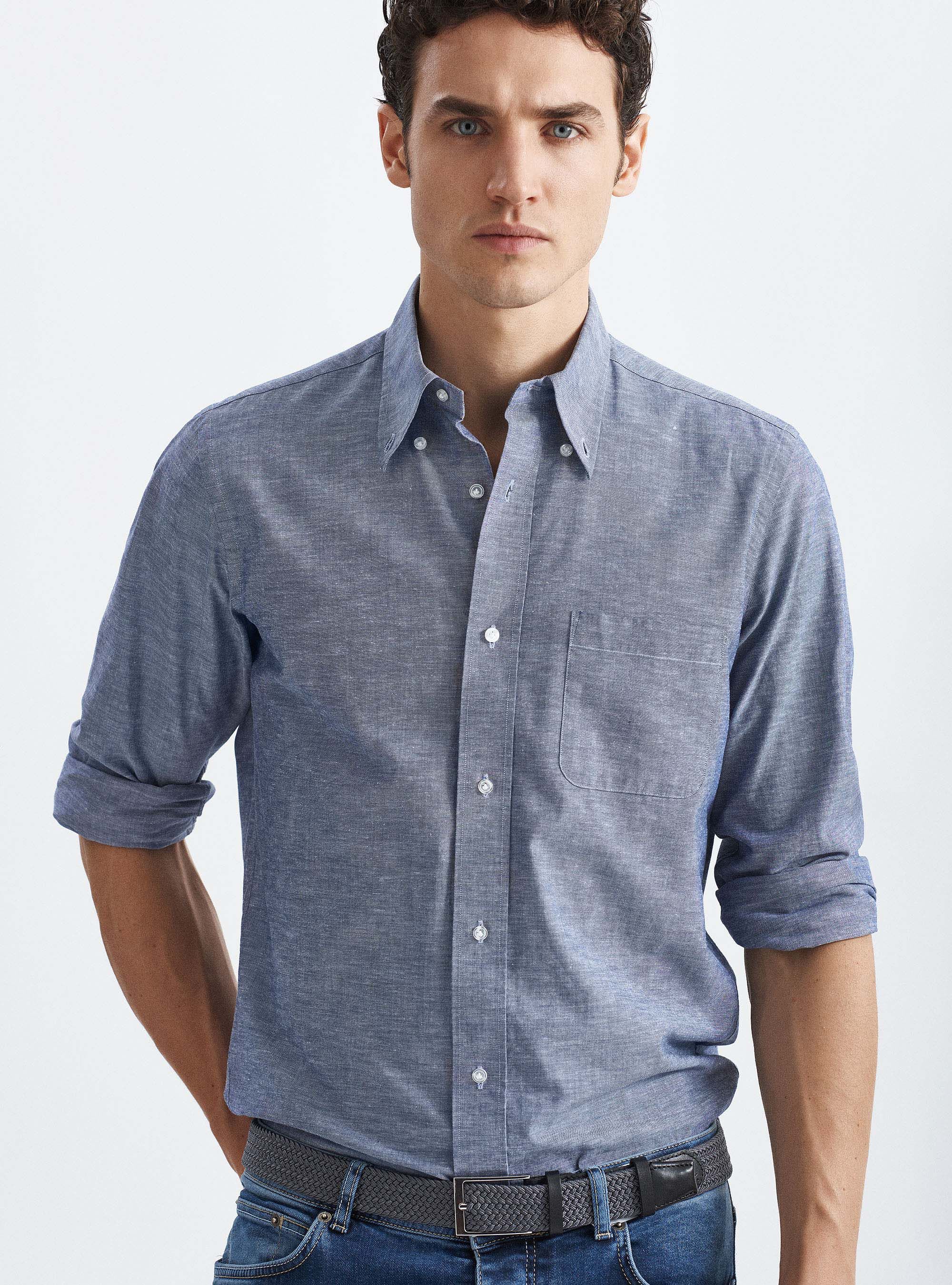 Camicia comfort collo button down in cotone e lino, BLU NAVY