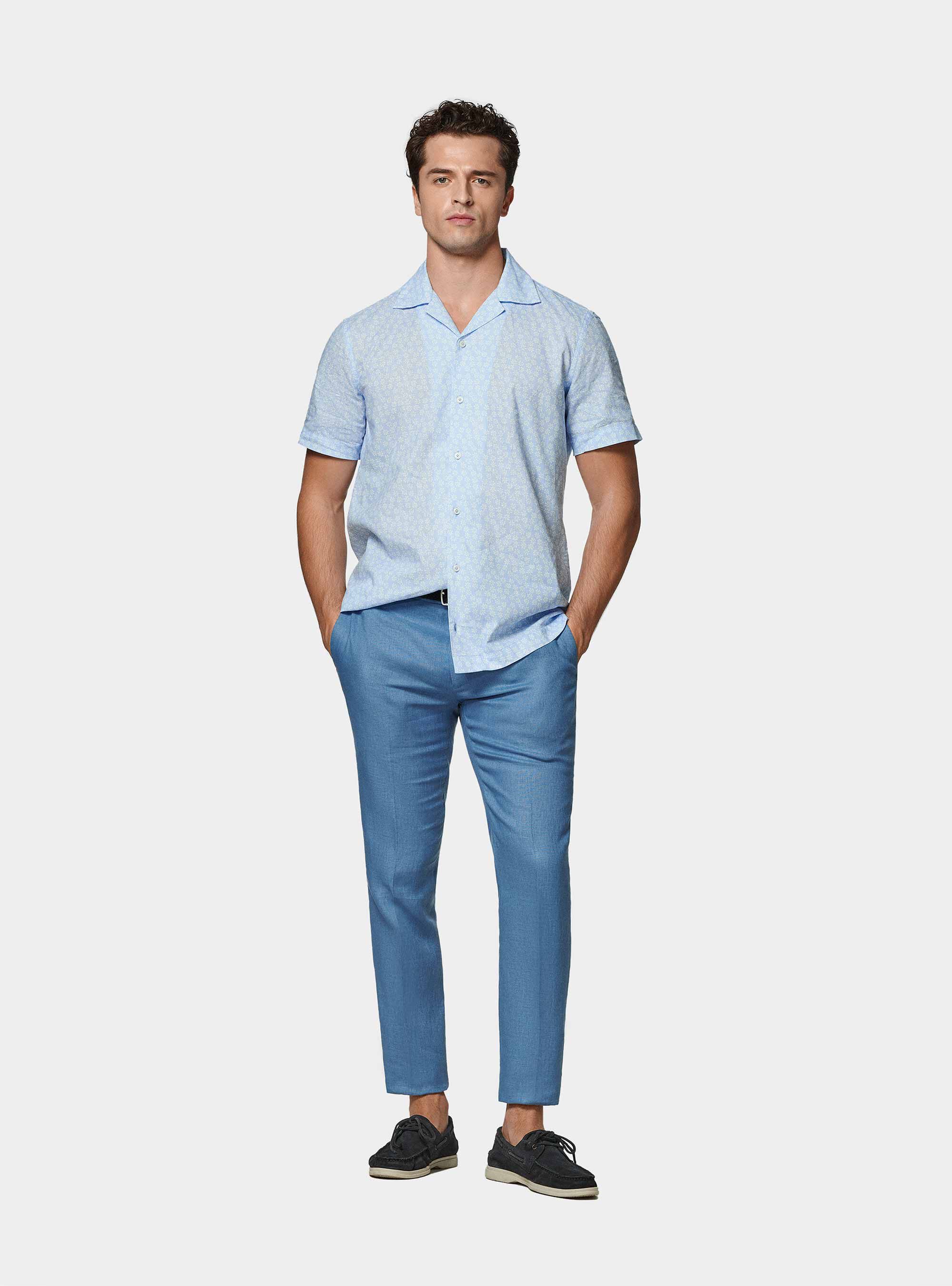 Chemise bowling, lin et coton imprim&eacute;, BLEU CIEL