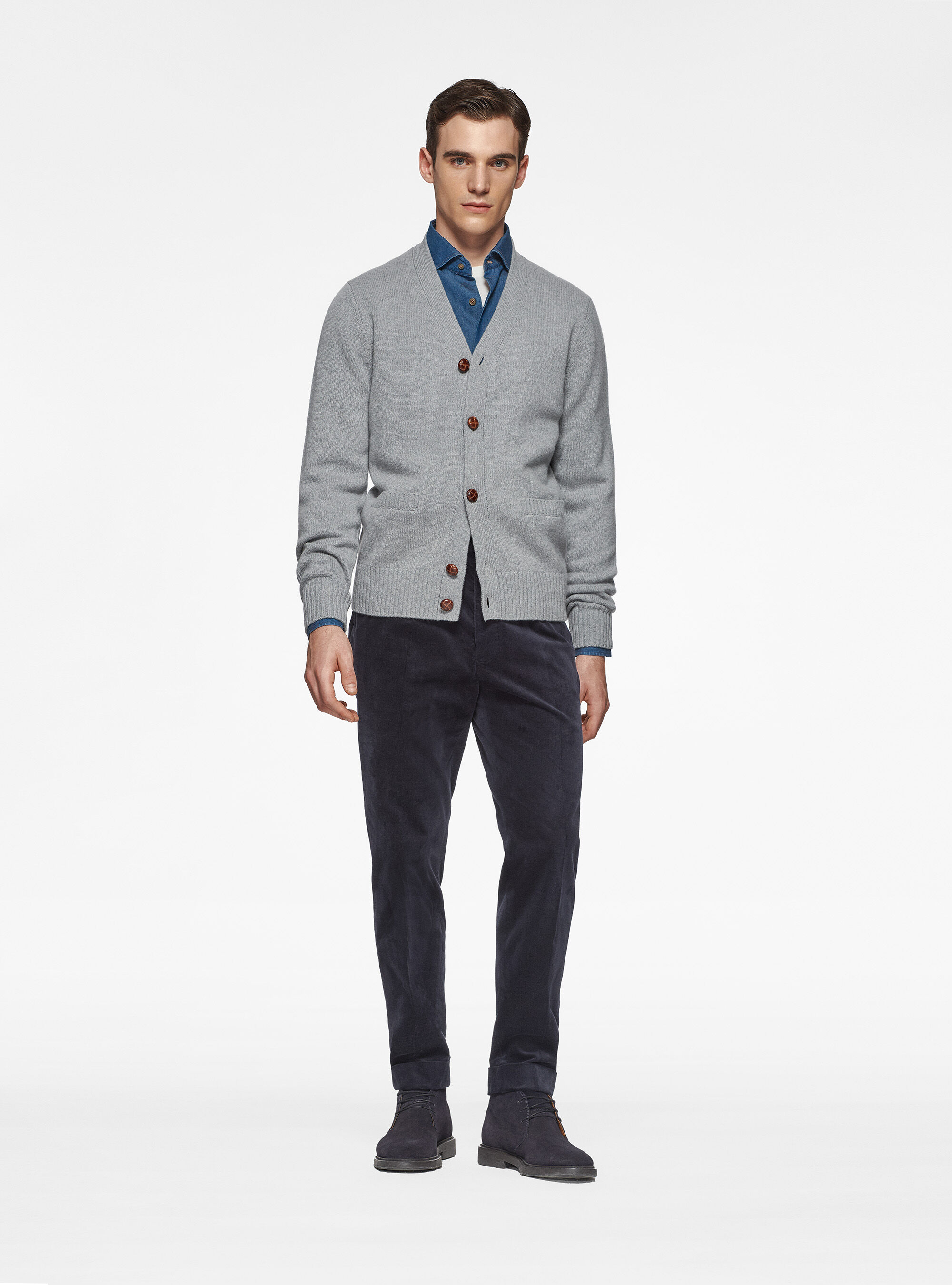 Knitted cardigan in lambswool, GRIGIO MELANGE 0151C