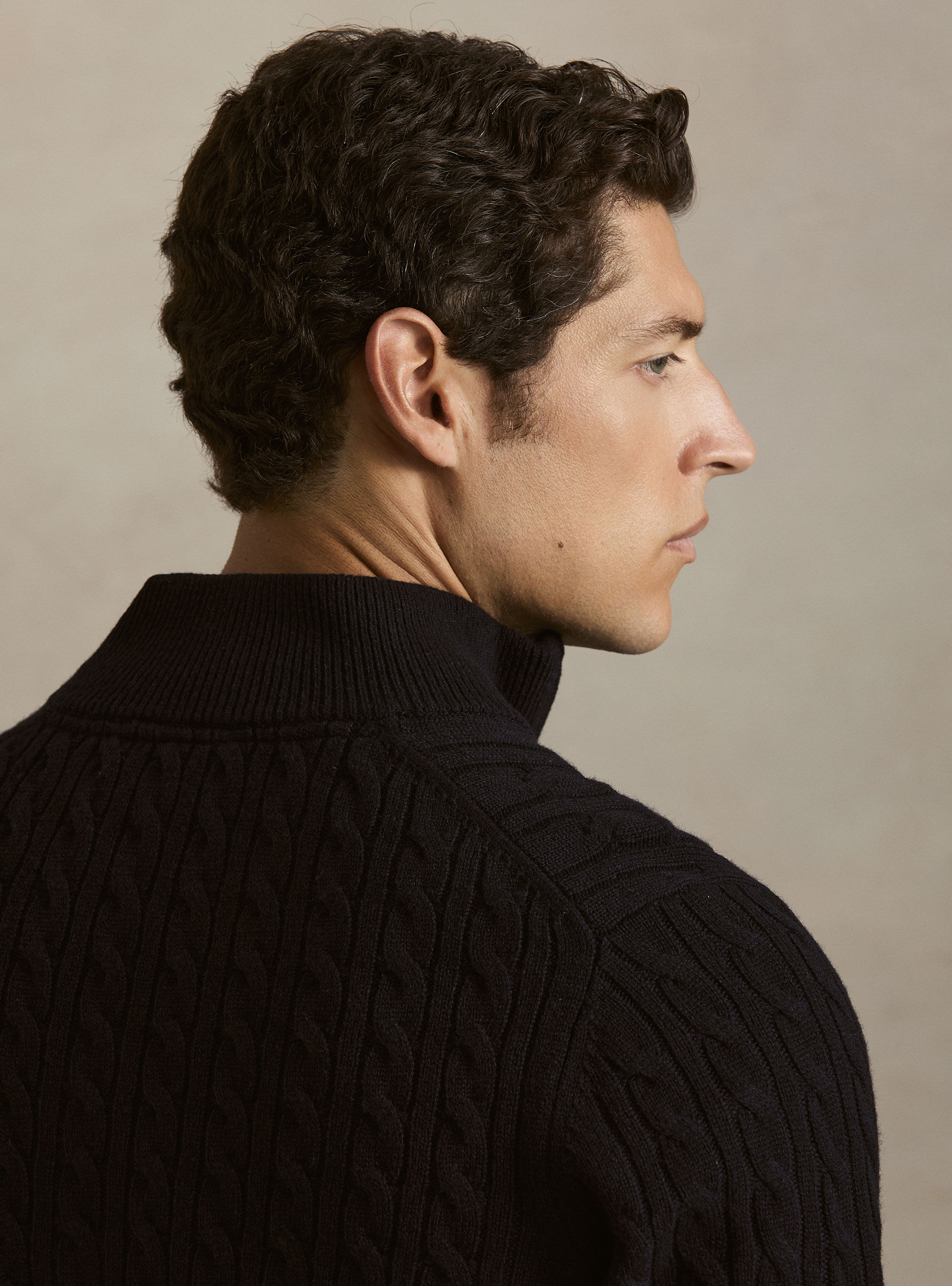 Cable-knit wool and cashmere mock neck sweater, NAVY BLUE