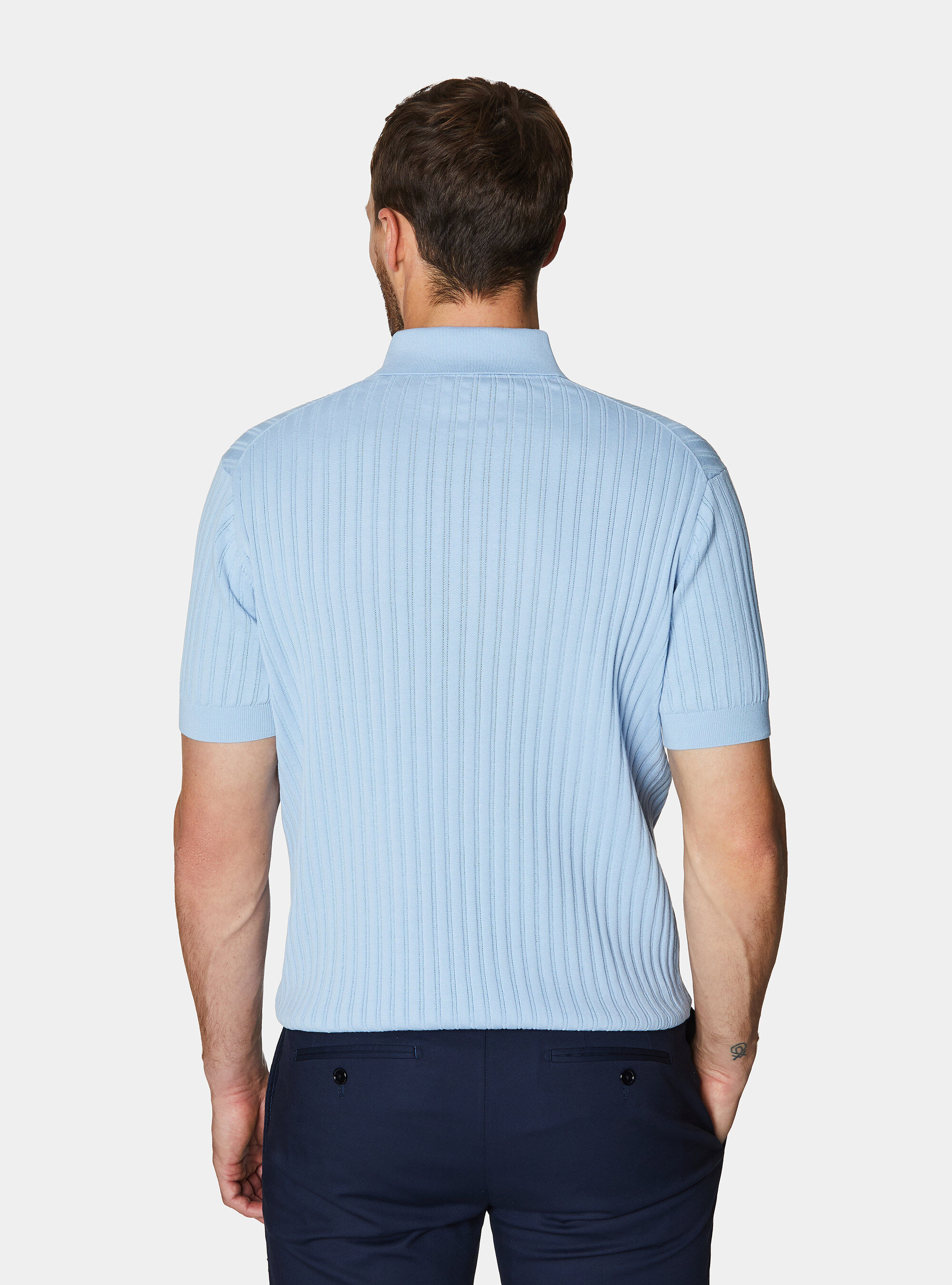 Extra-fine cotton knit polo shirt with openwork ribbing, 0266C AZZURRO
