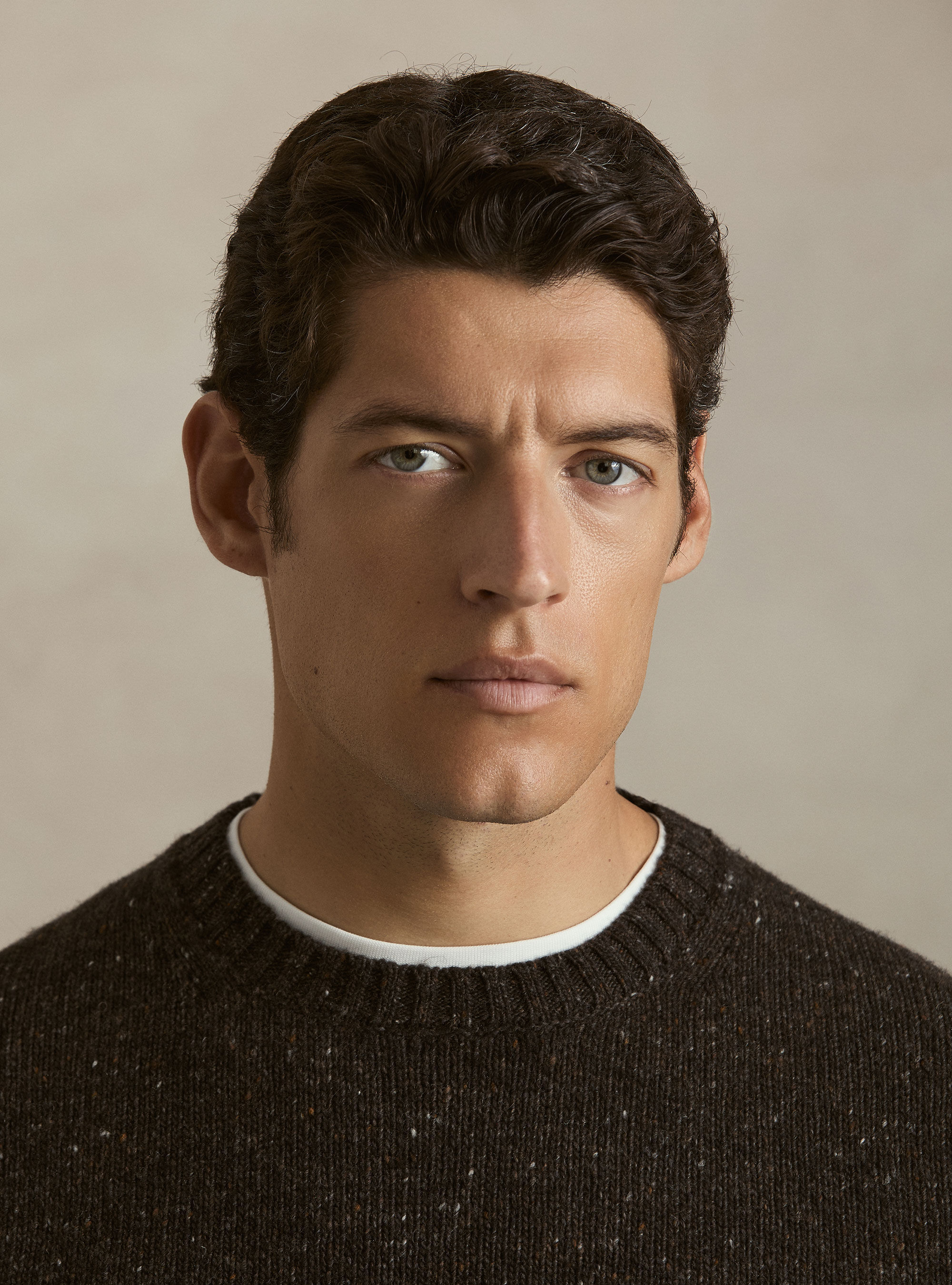 Donegal-style merino wool blend crewneck sweater, BROWN