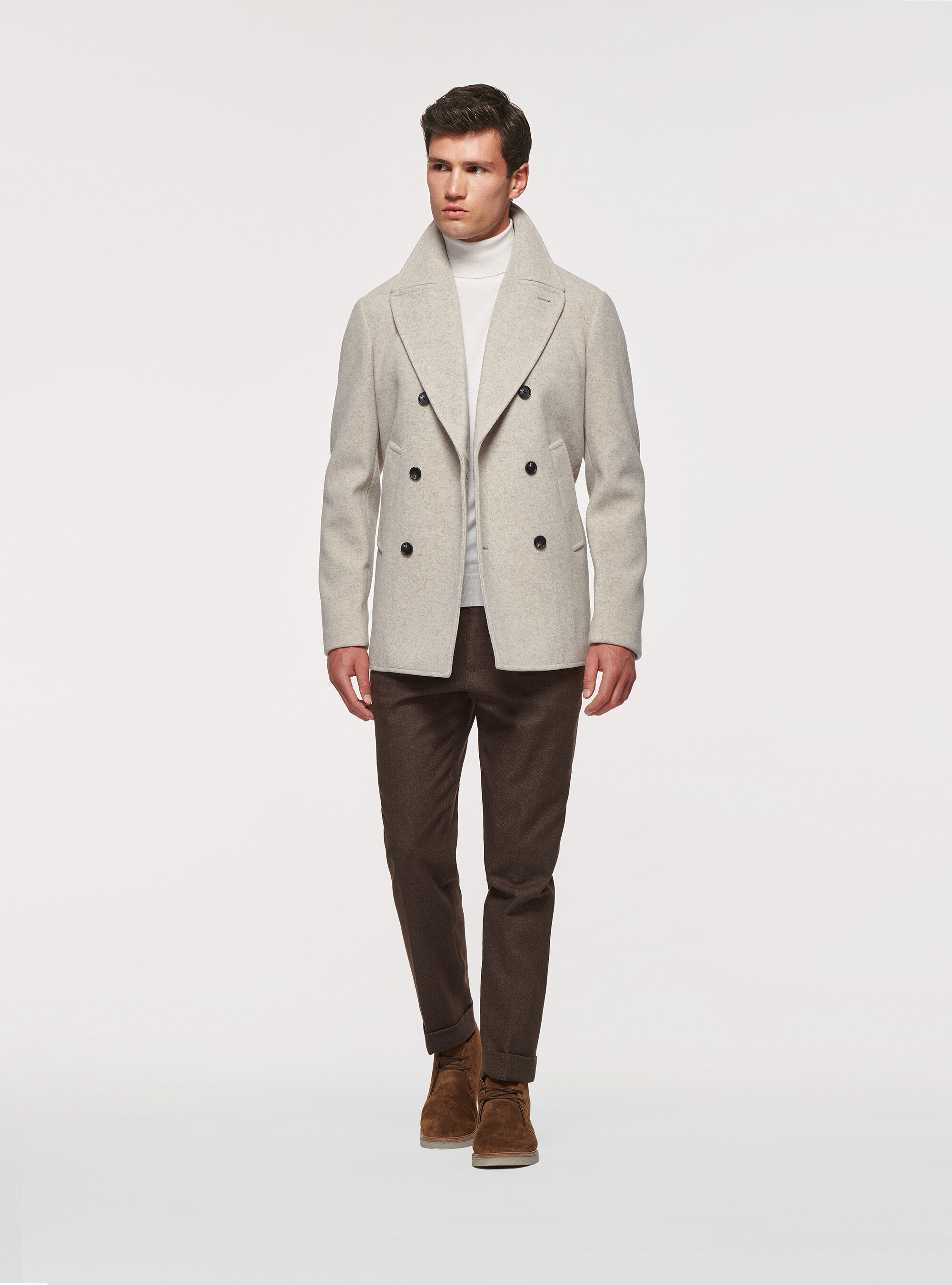 Double-breasted plain peacoat, ECRU