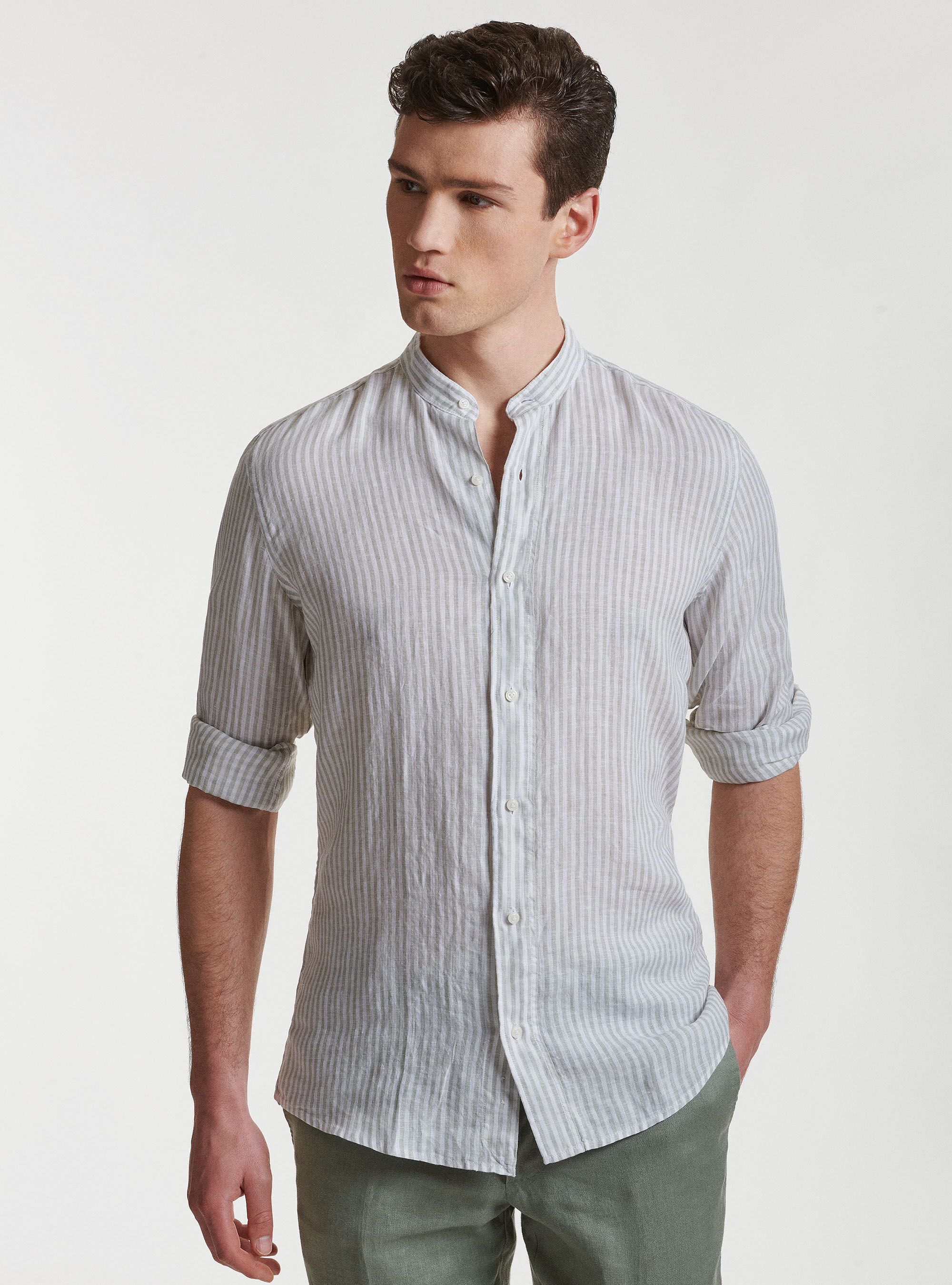 Camicia collo coreano in puro lino rigato, SALVIA 0602C
