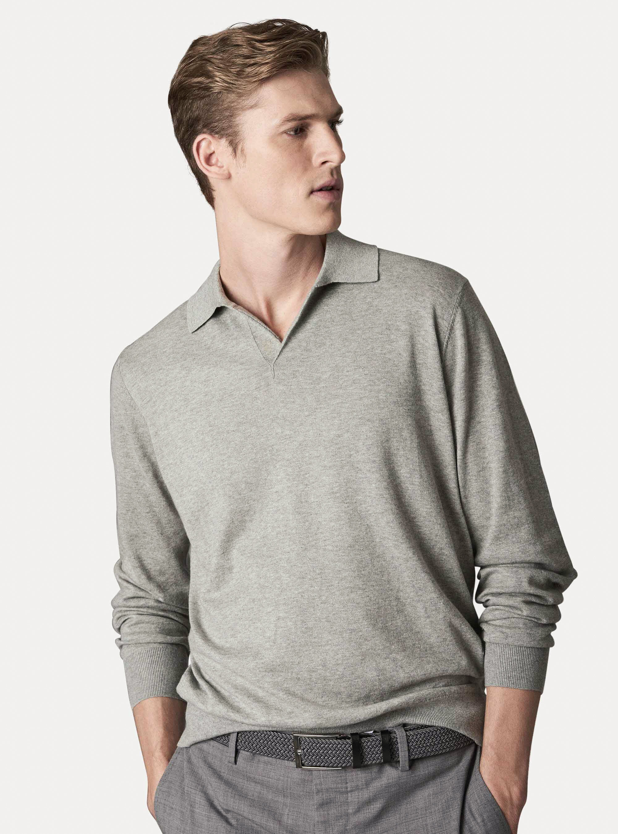 Jersey polo de algod&oacute;n seda y cashmere, GRIS CLARO JASPEADO