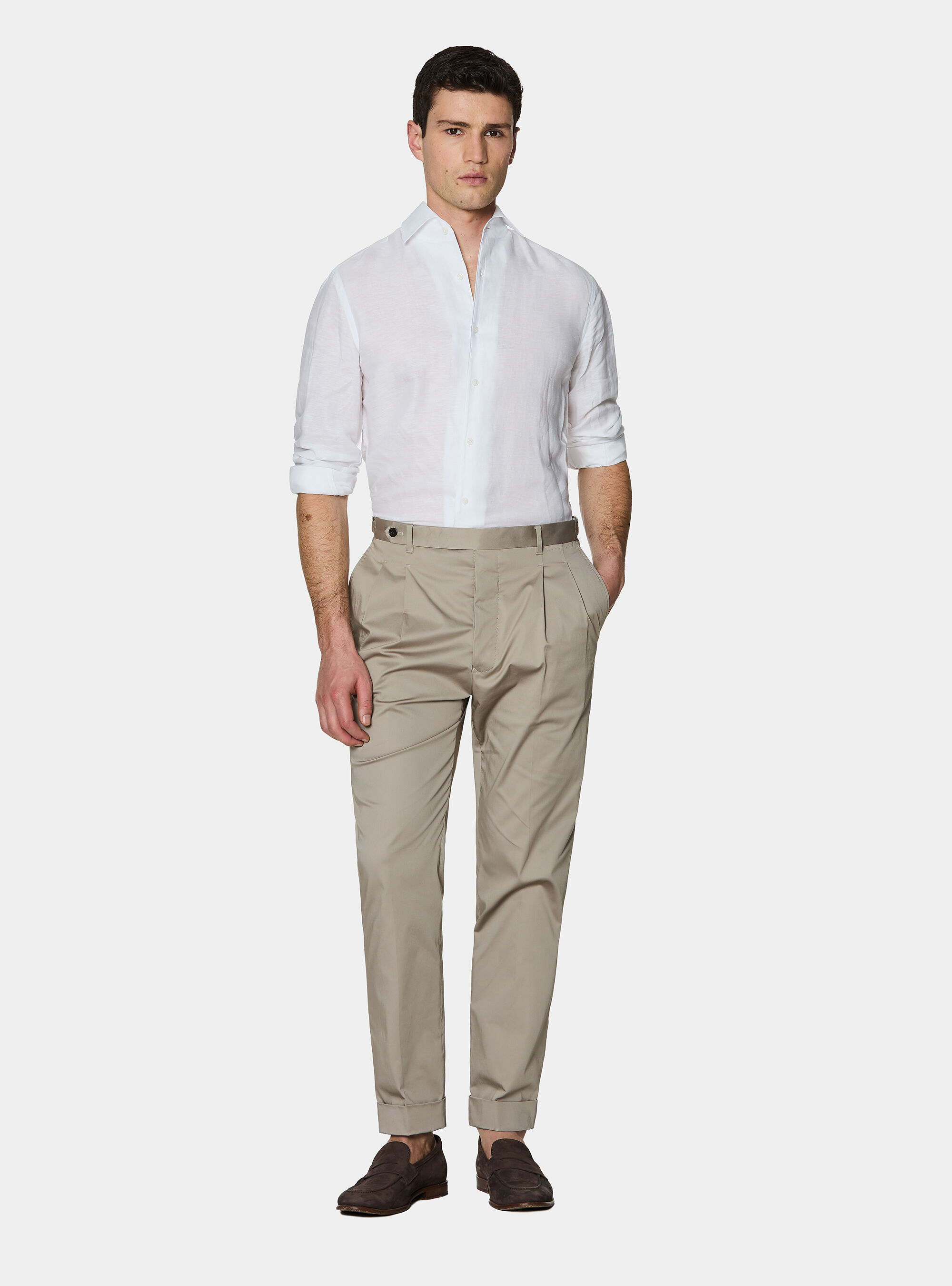 Pantalones con pinzas en popel&iacute;n de algod&oacute;n el&aacute;stico, ARENA