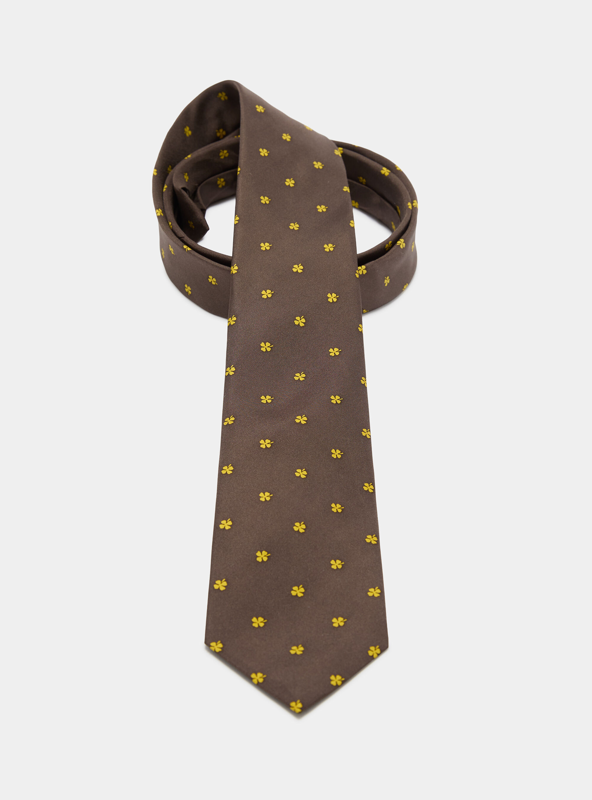 Silk tie with a four-leaf clover print, MARRONE/OCRA