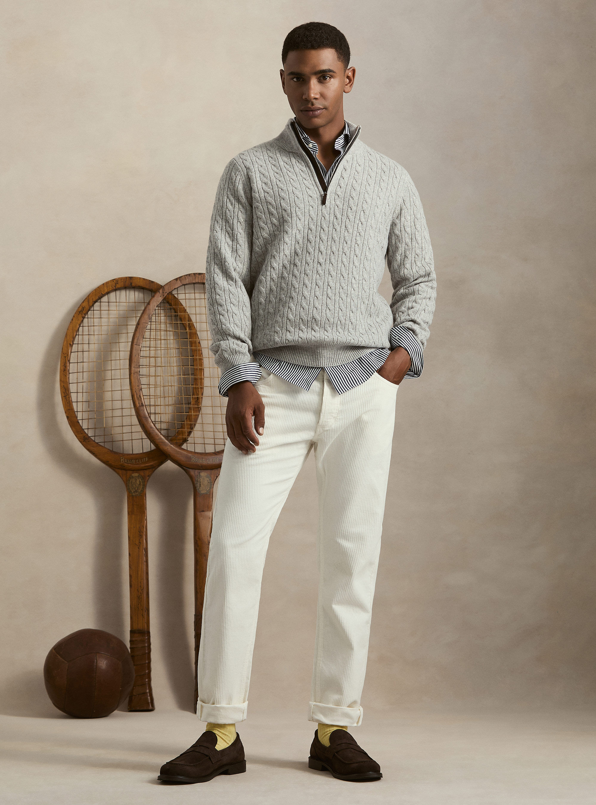 Cable-knit wool and cashmere mock neck sweater