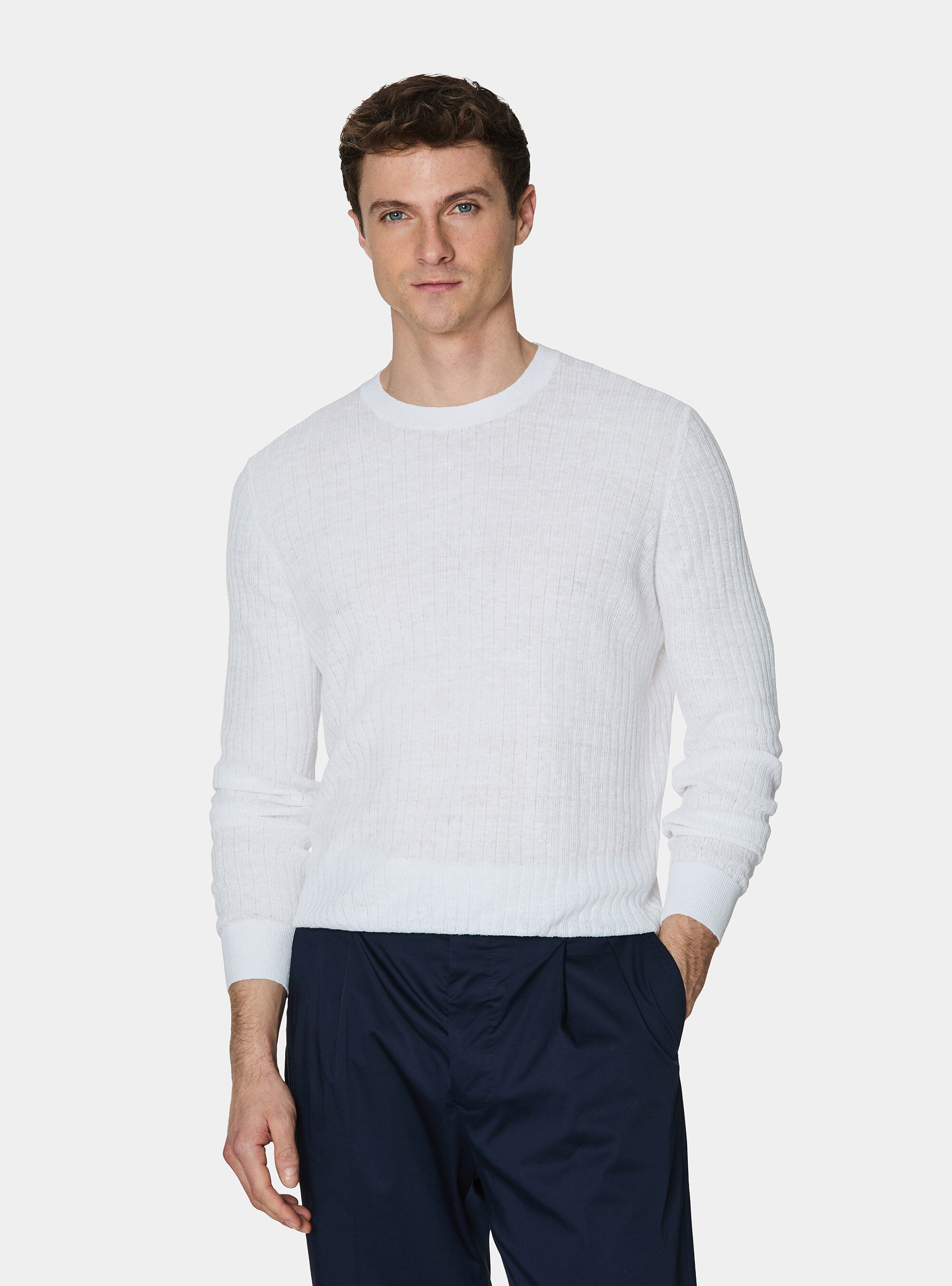 Maglia girocollo a costine in puro lino, BIANCO