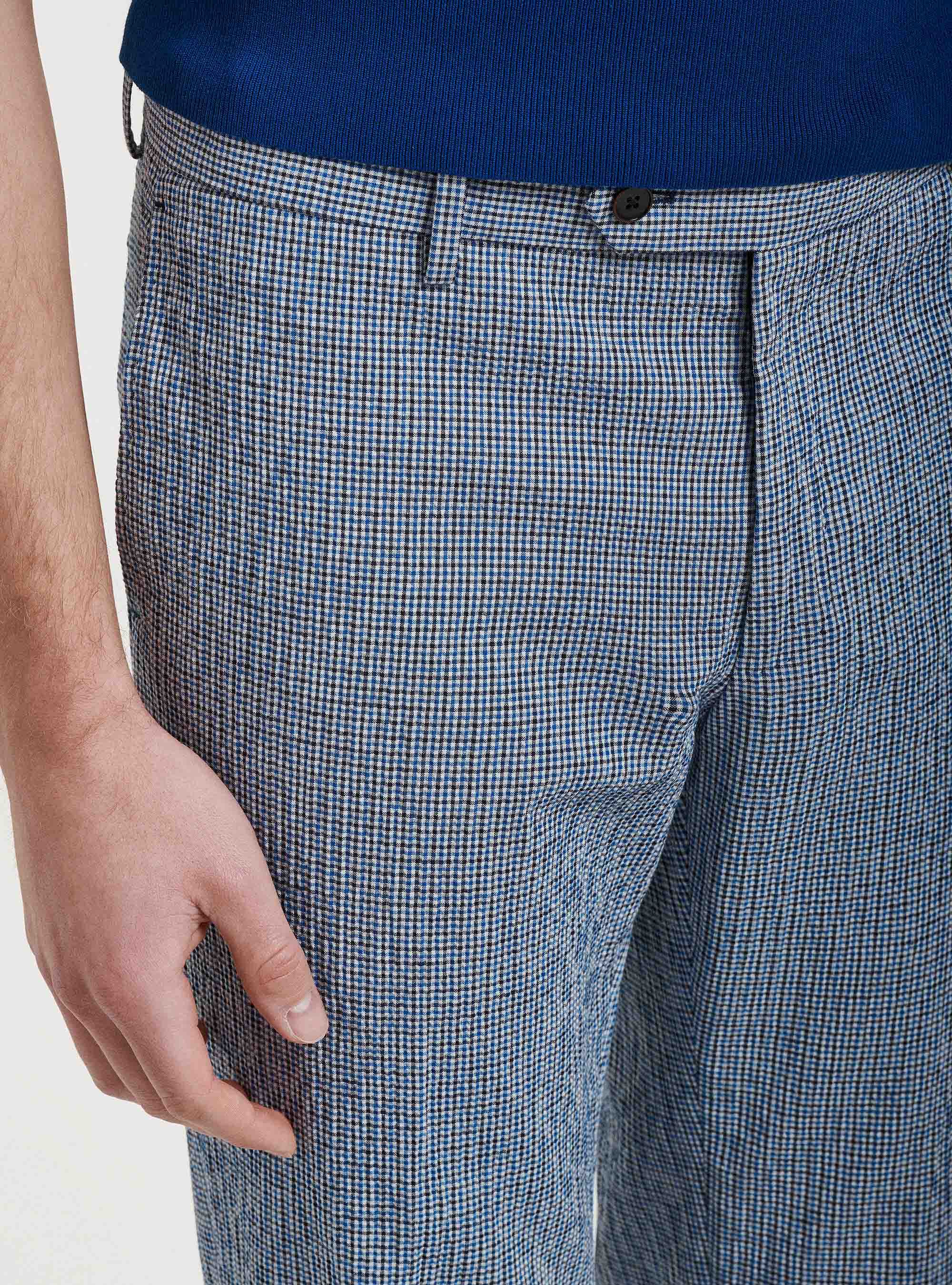 Pantaloni micro quadro seersucker in lino e cotone, BLU
