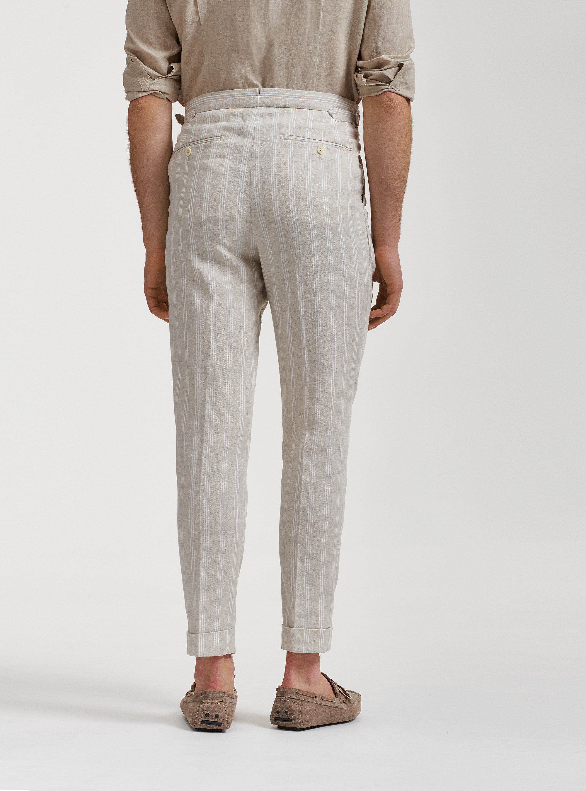 Linen and cotton double pleat trousers with strap, ECRU