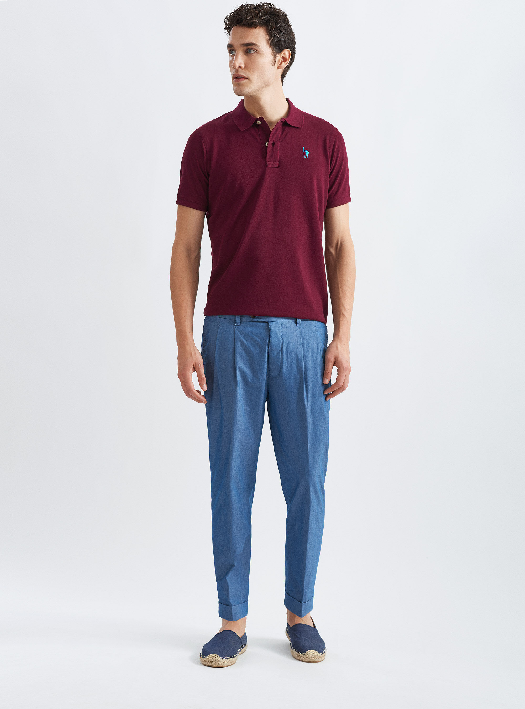 Pantalon &agrave; double plis en coton twill, BLEU