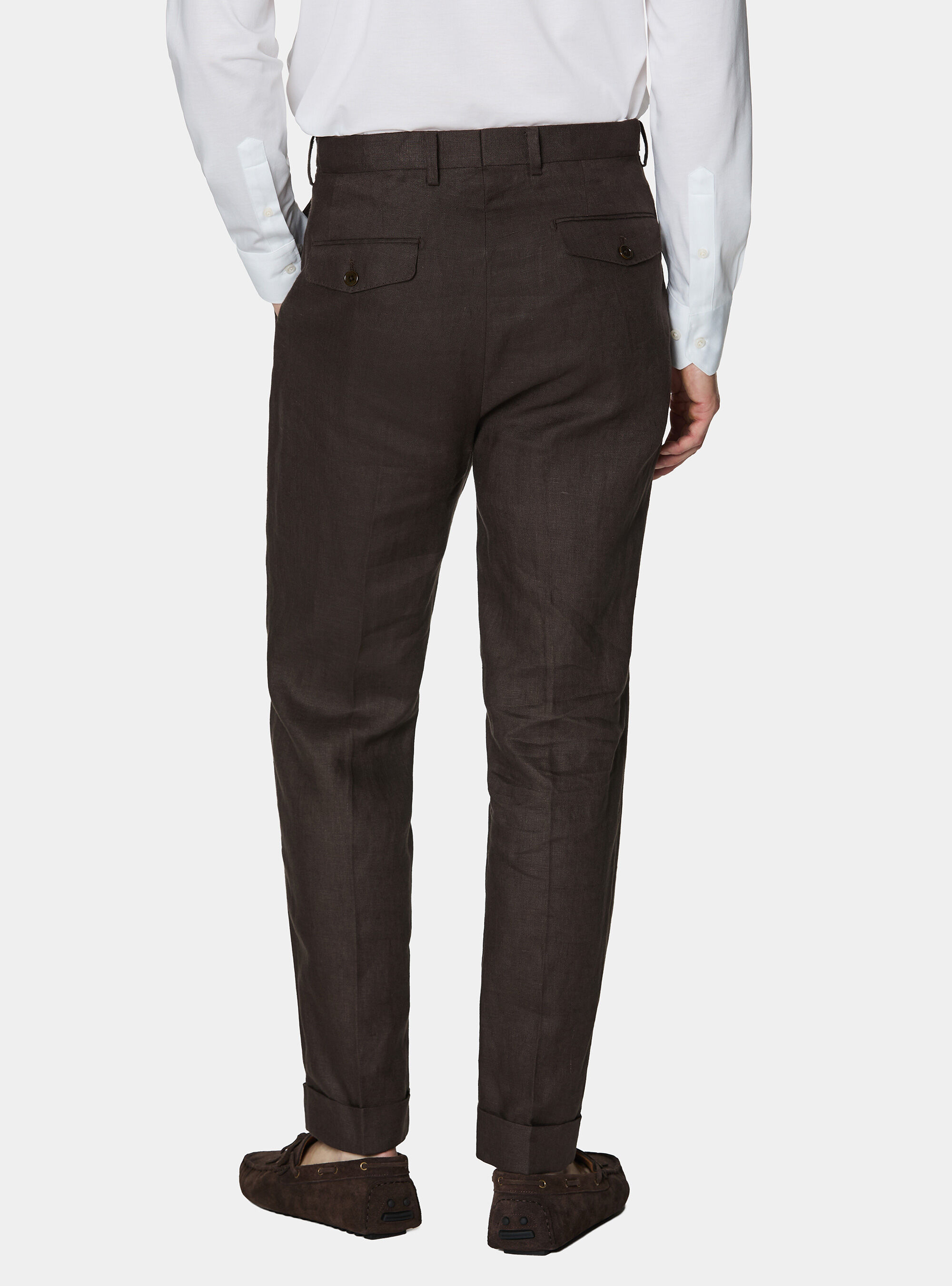 Pantaloni con pince in puro lino, MARRONE