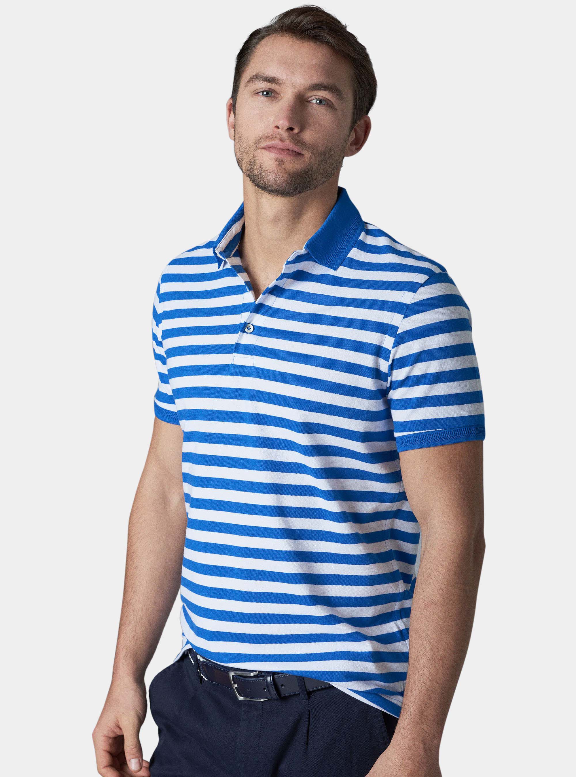 Polo de rayas en algod&oacute;n piquet stretch, AZUL ROYAL