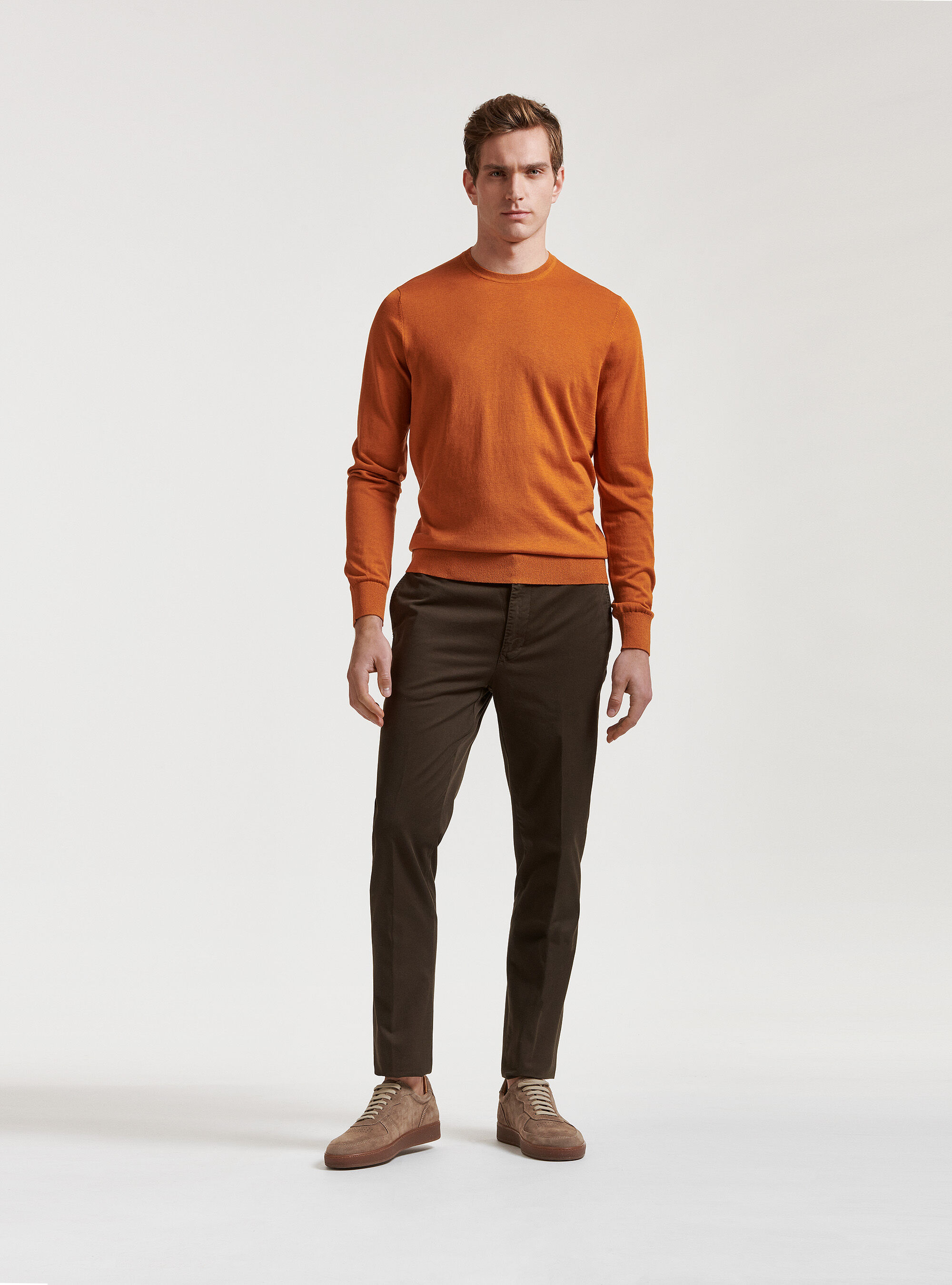 Pull &agrave; col ras du cou en soie et coton, ORANGE