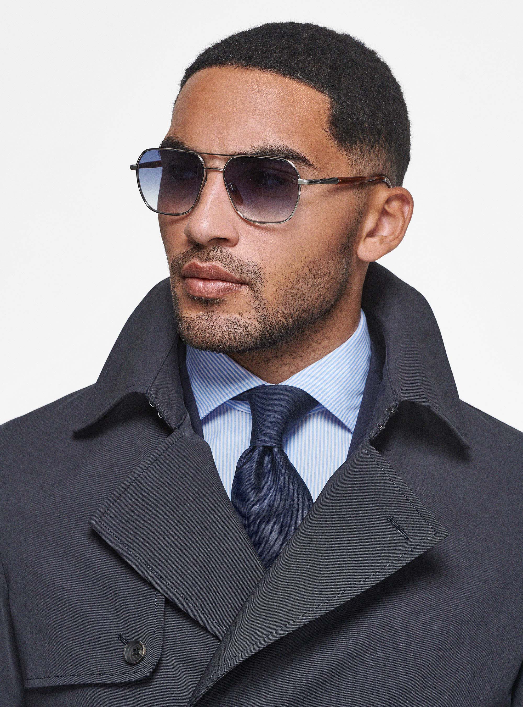 Double-breasted trench coat in technical twill, NAVY BLUE