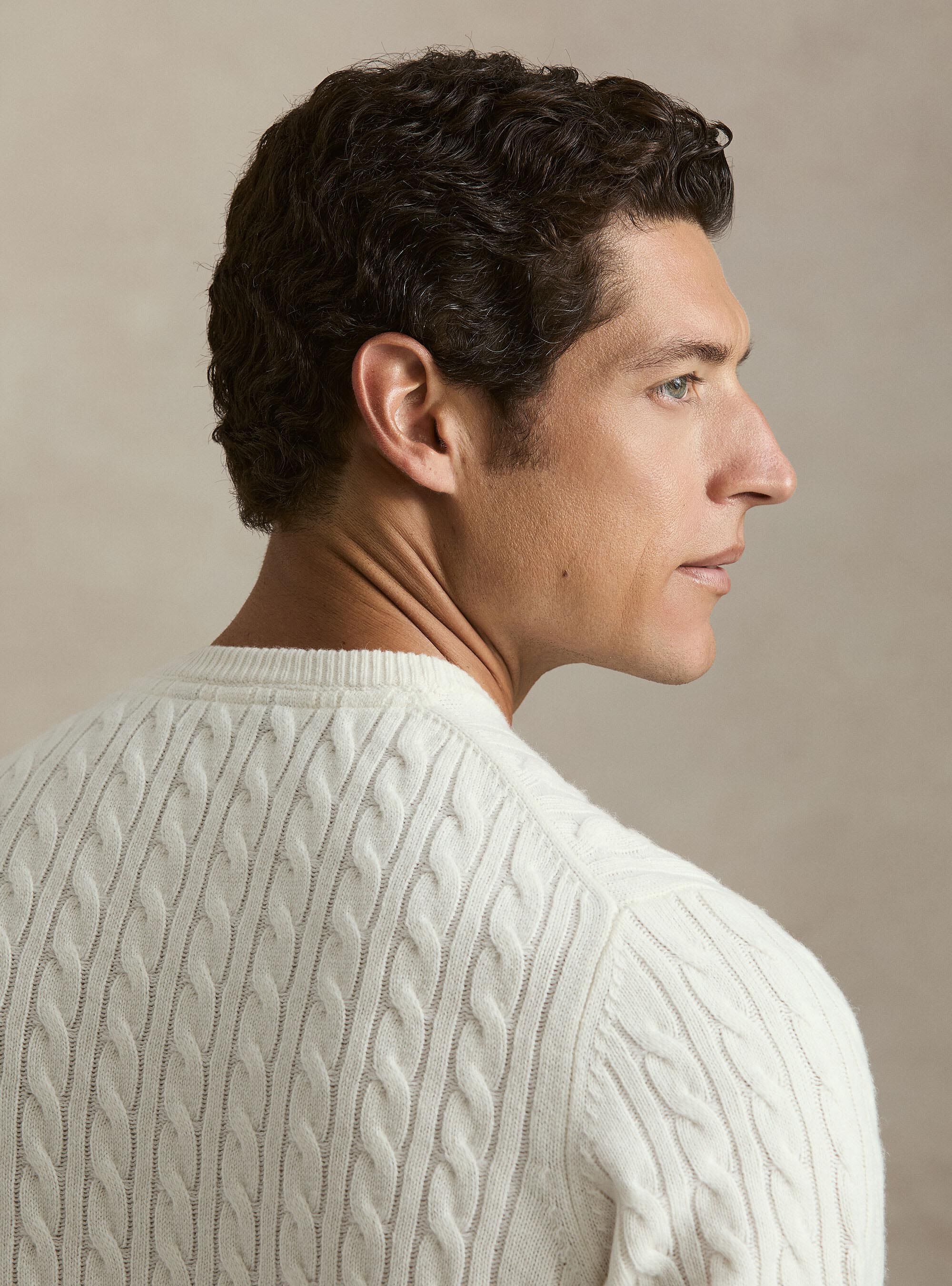 Girocollo in maglia con treccia in lana cashmere, BIANCO
