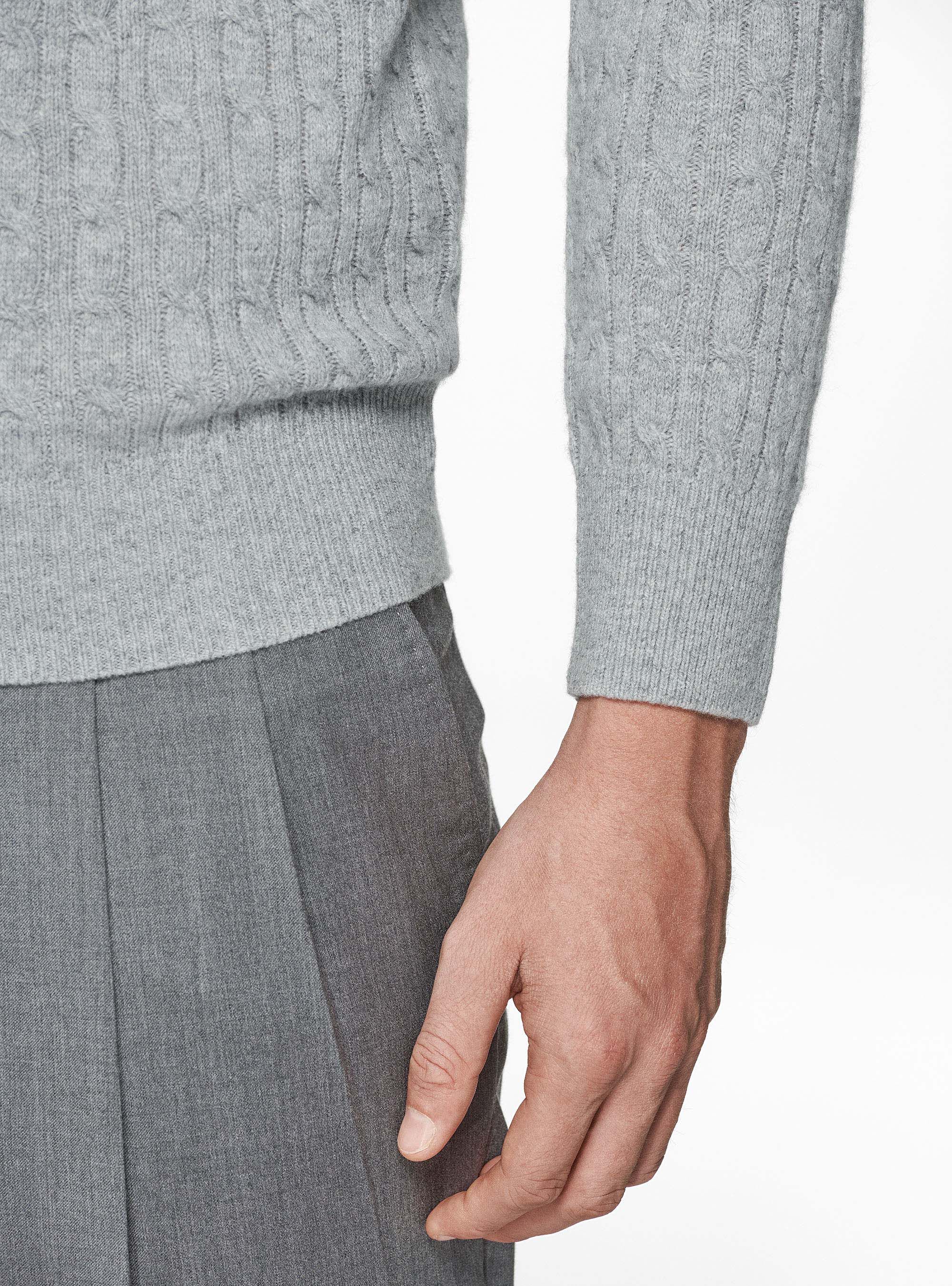 Maglia girocollo in lana cashmere a treccia, GRIGIO MELANGE 0151C