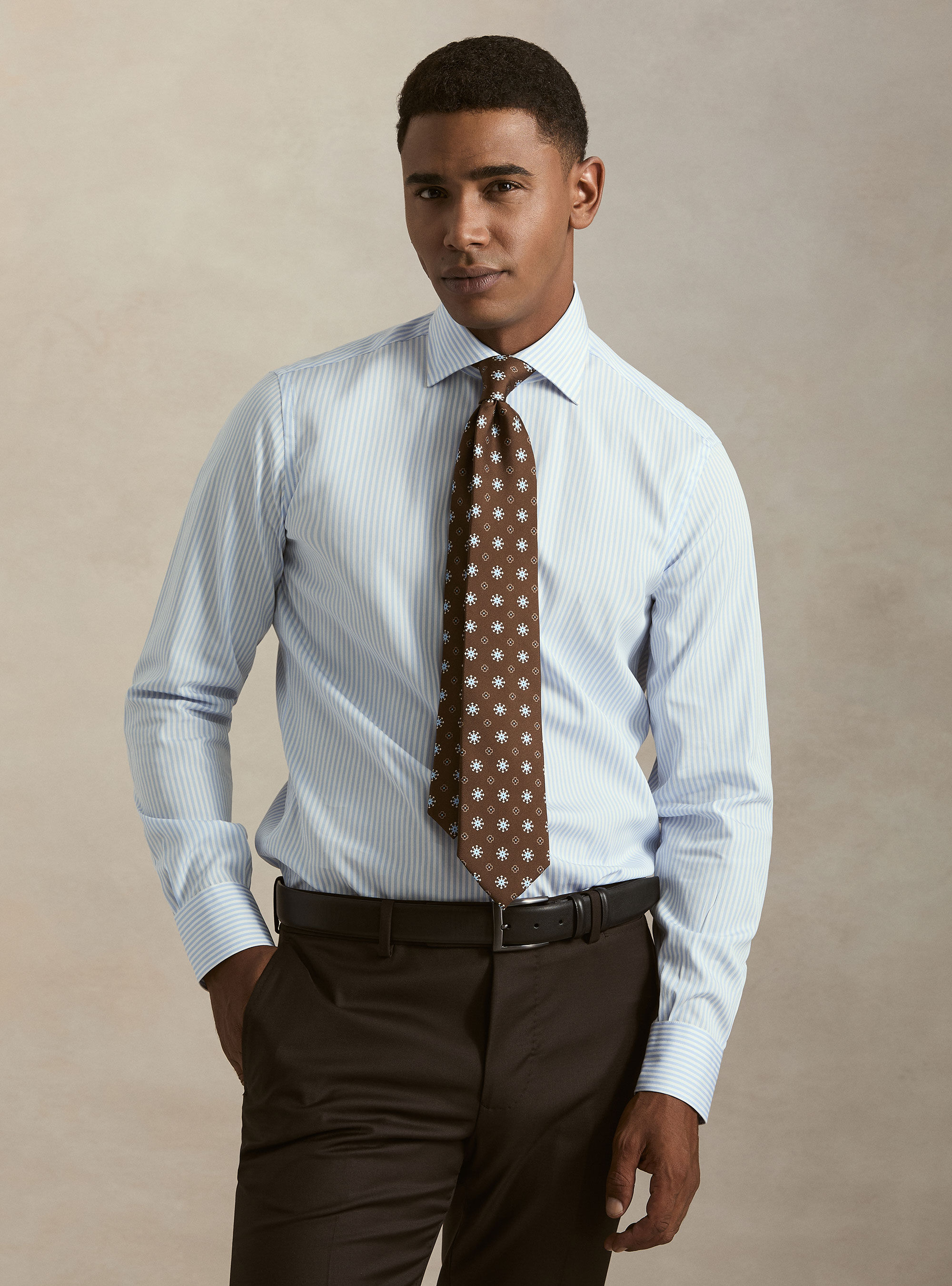 Camicia rigata cotone popeline collo semifrancese