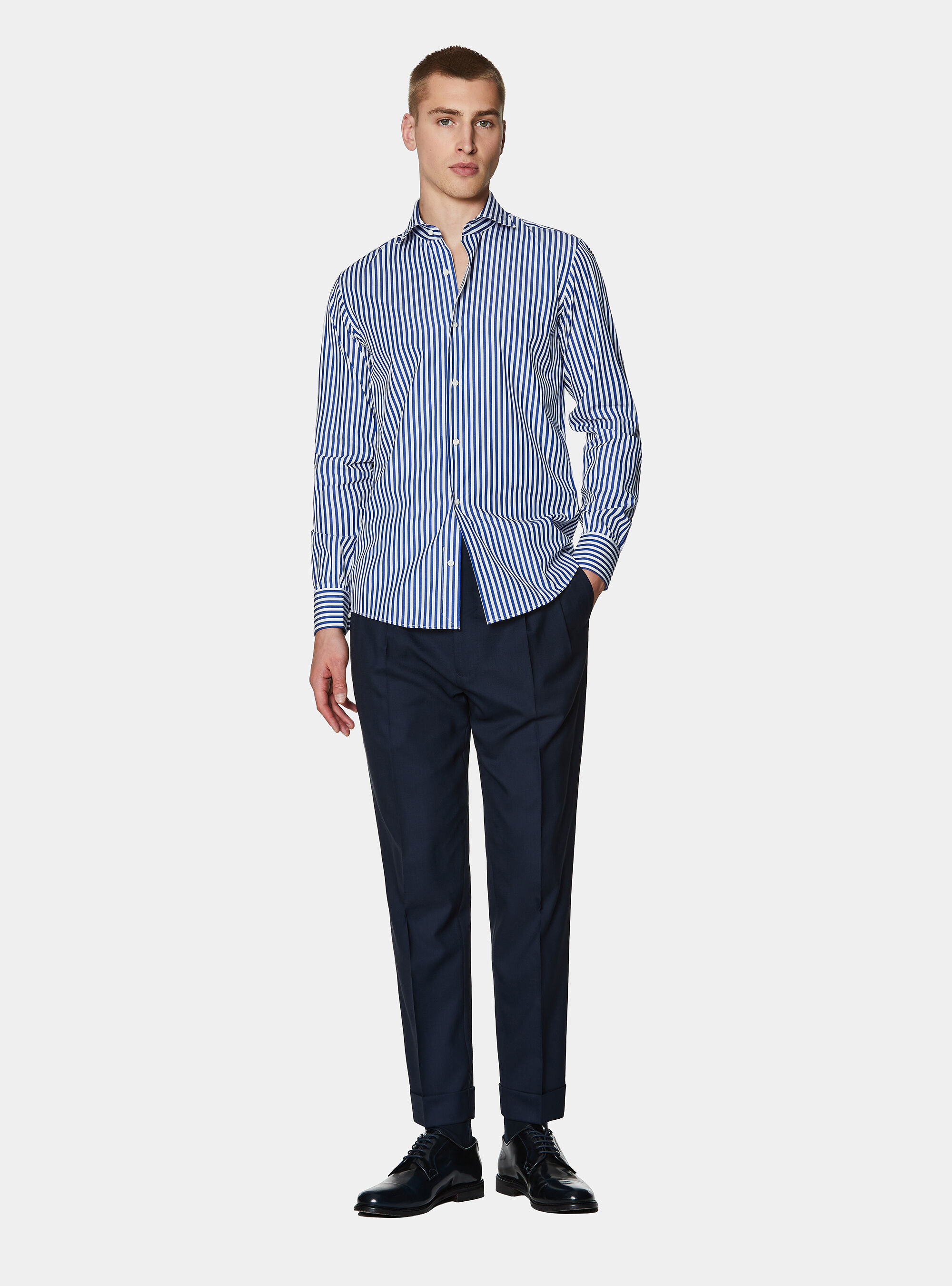 Camicia in popeline di cotone riga larga, BLU