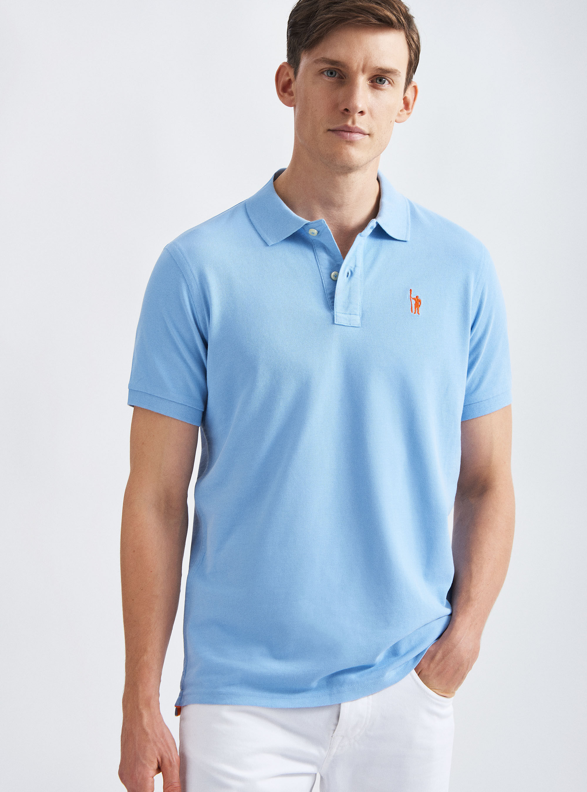 Polo classica in piquet di cotone con ricamo, AZZURRO