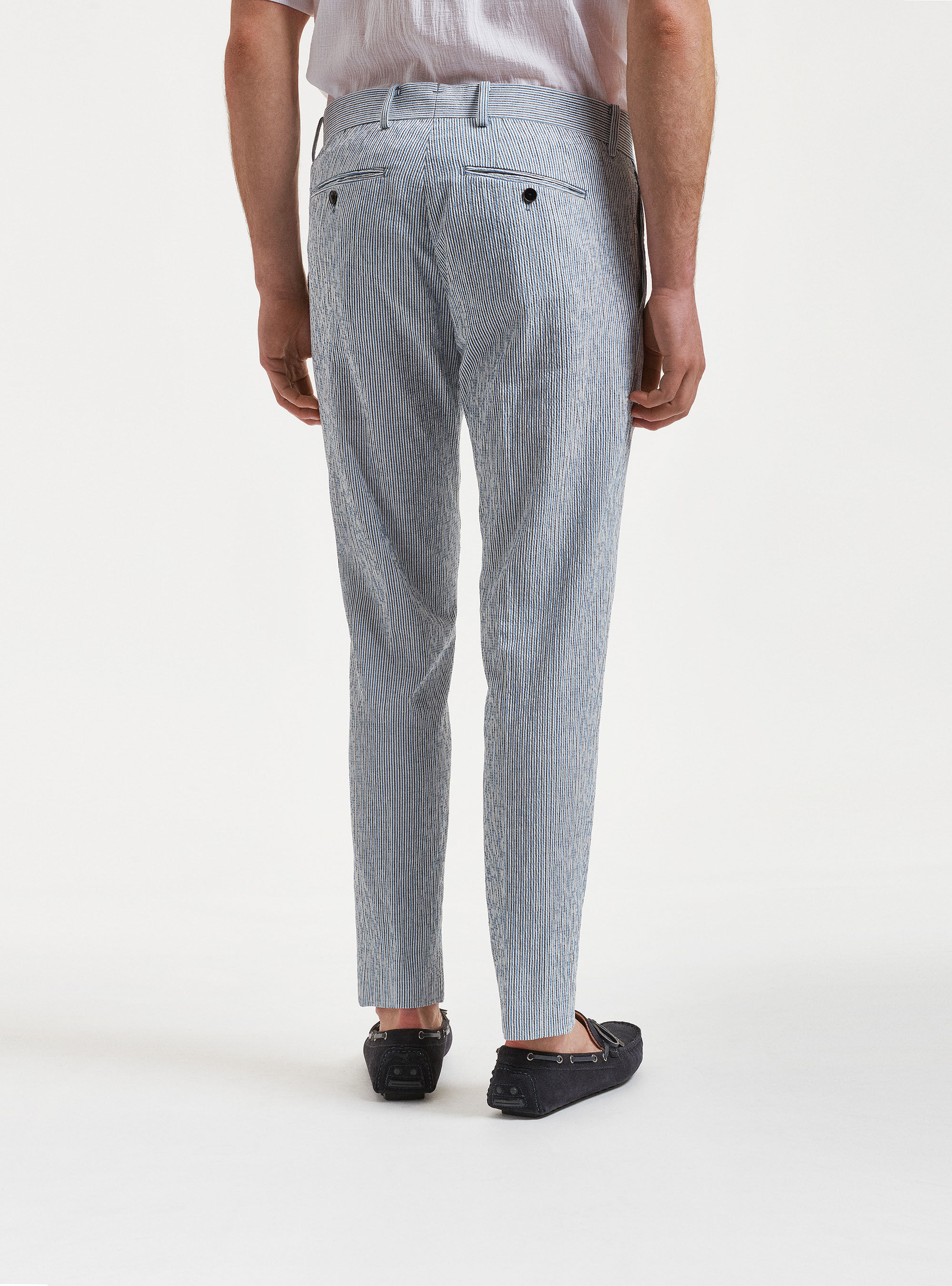 Pantaloni seersucker in cotone e lino rigato, AZZURRO