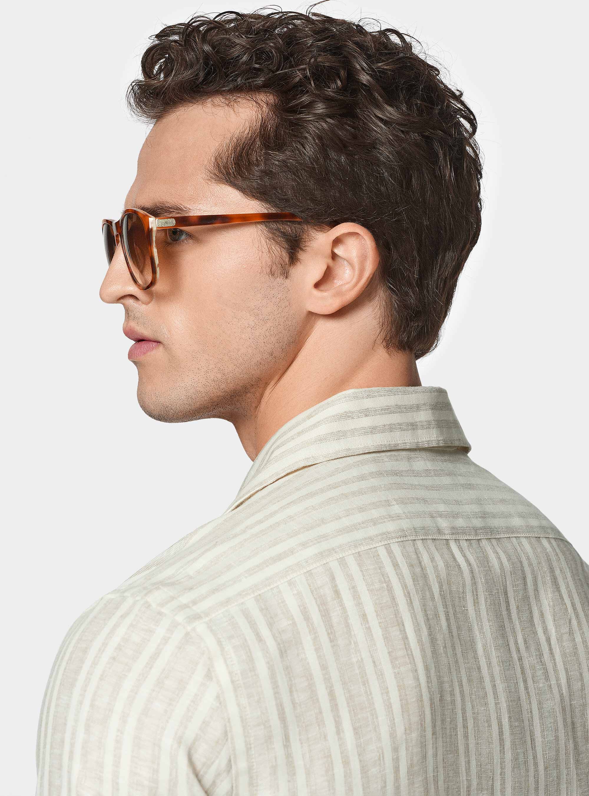 Camicia bowling in lino e cotone rigato, SABBIA