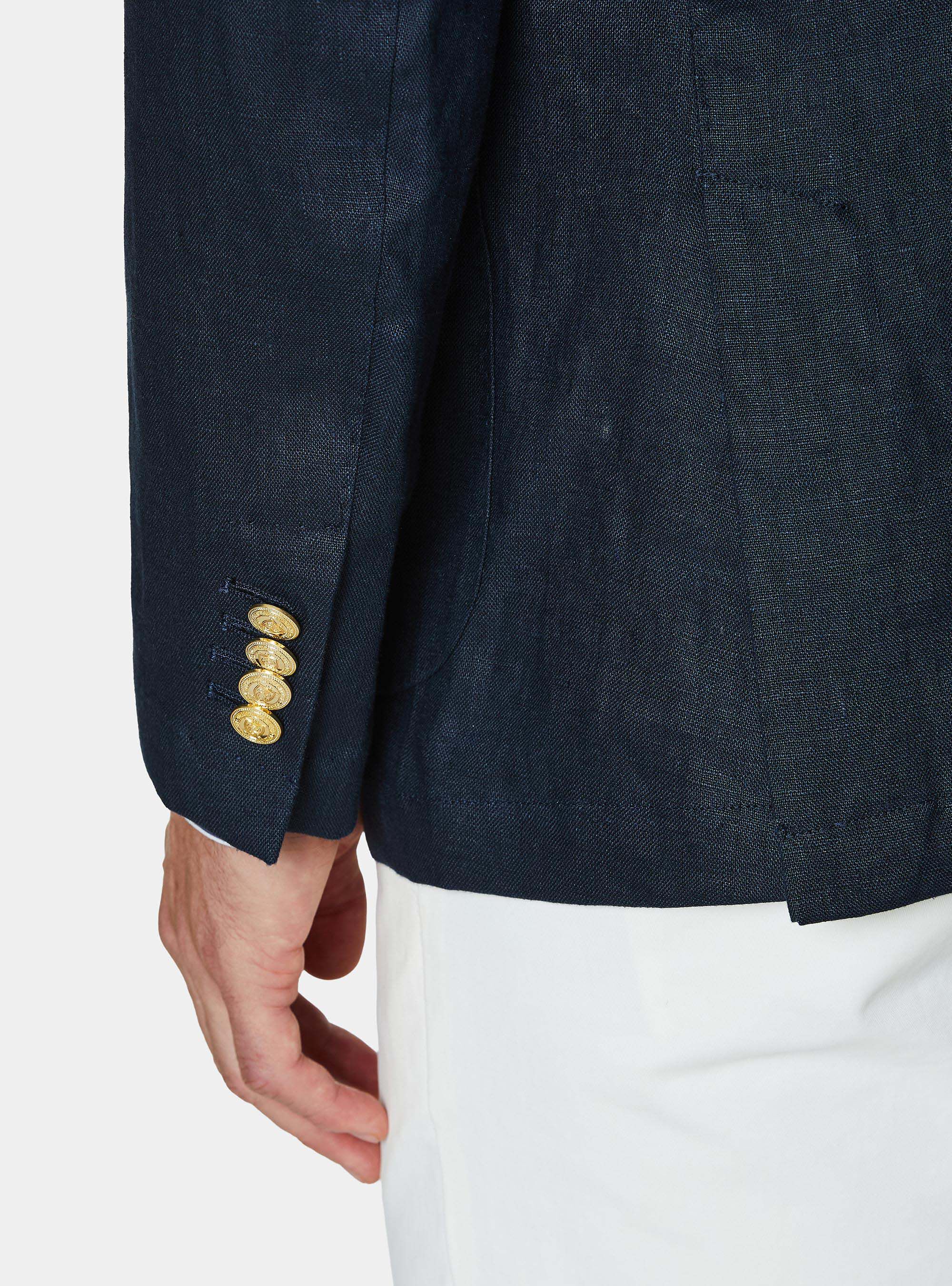 Double-breasted linen blazer with metal button, NAVY BLUE
