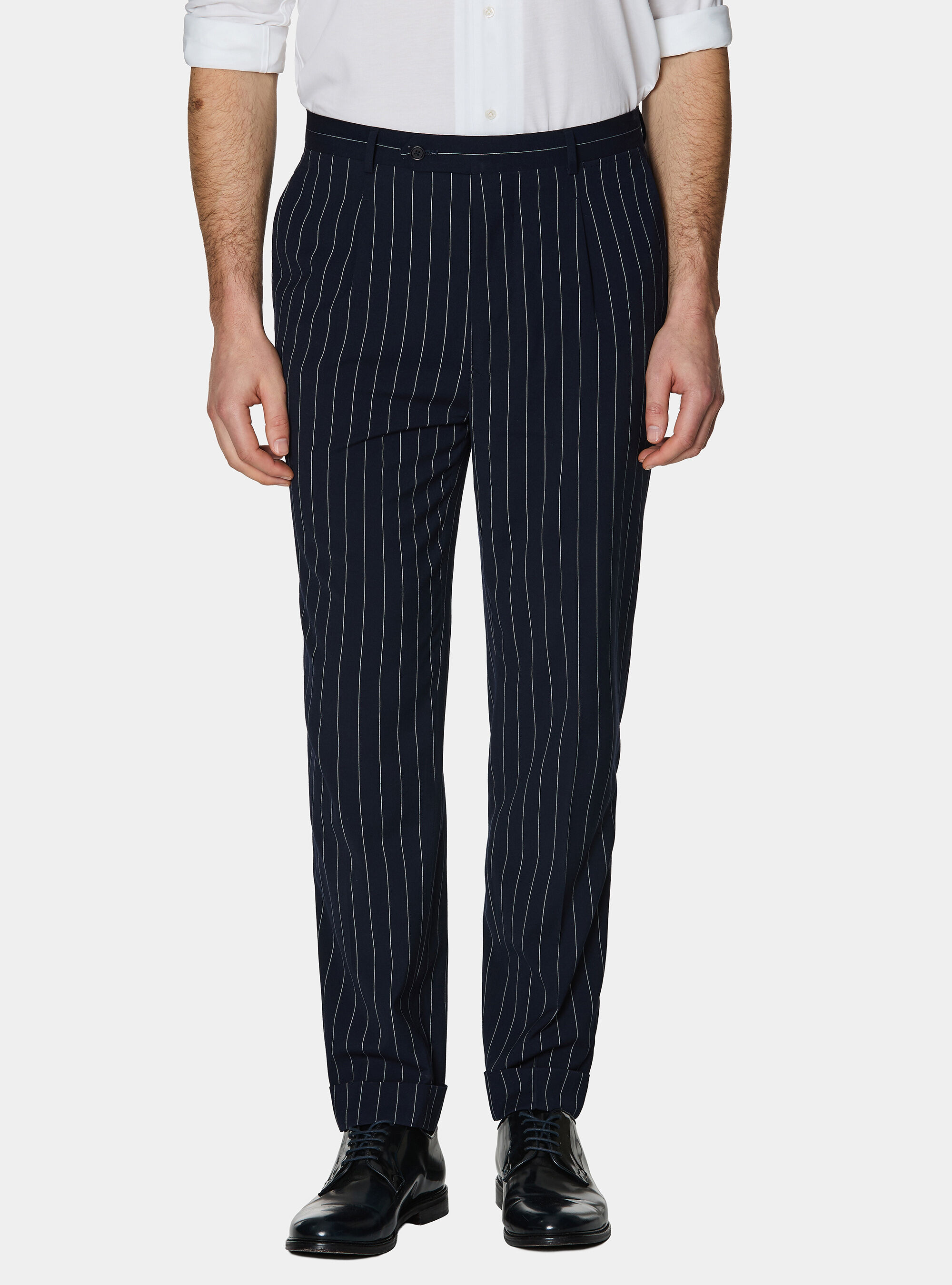 Double-breasted pinstripe suit trousers, NAVY BLUE