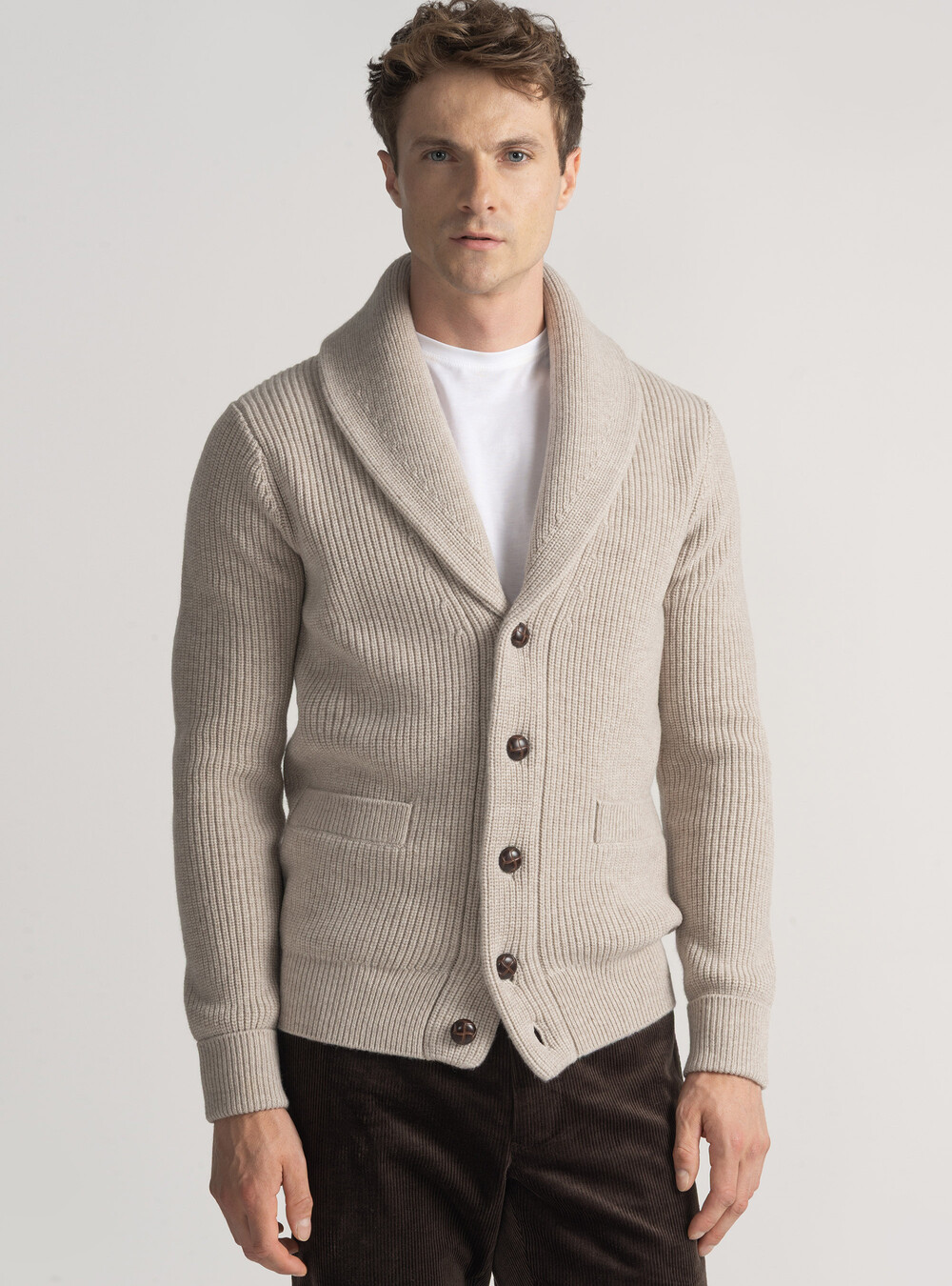 Cardigan in maglia sciallata in lana merino, ECRU Cardigan in maglia sciallata in lana merino