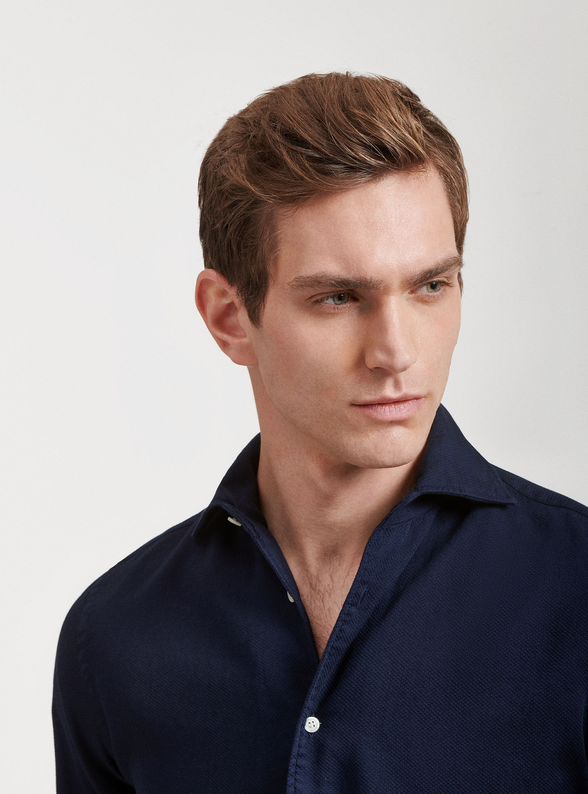 Camicia collo semi francese in cotone tinto in capo, BLU NAVY