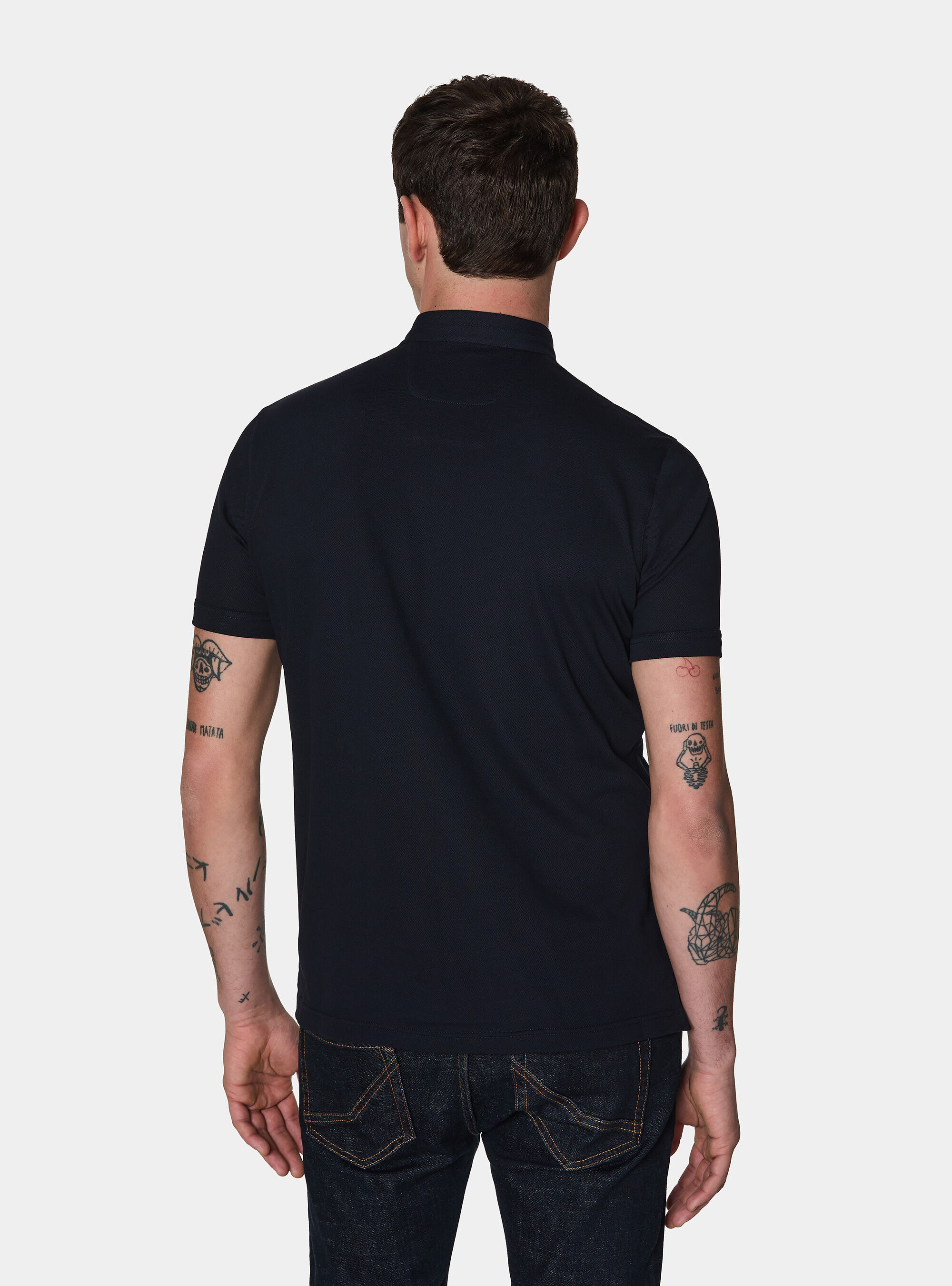 Polo collo coreano in misto cotone stretch, BLU NAVY