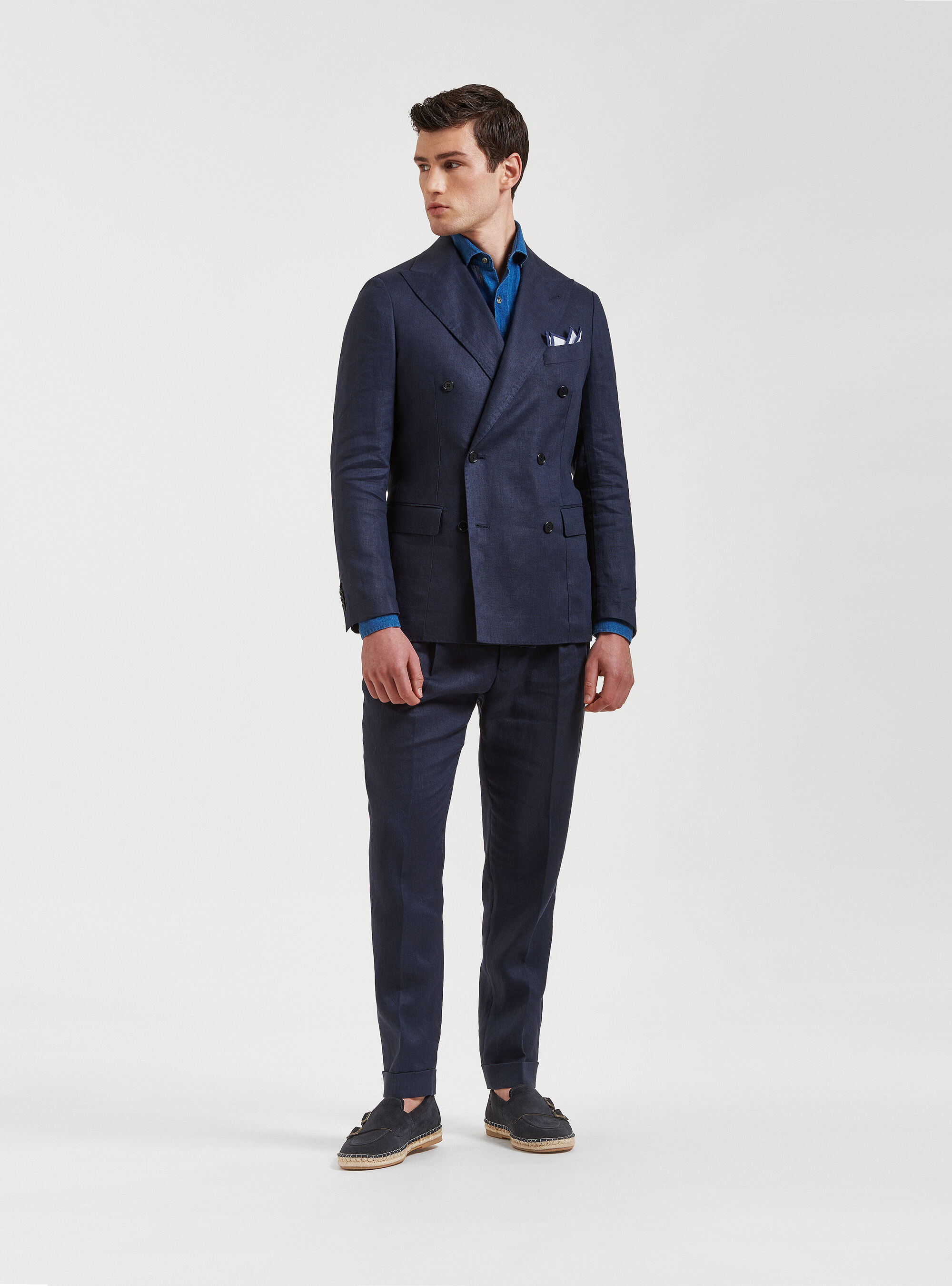 Linen double-breasted blazer, NAVY BLUE
