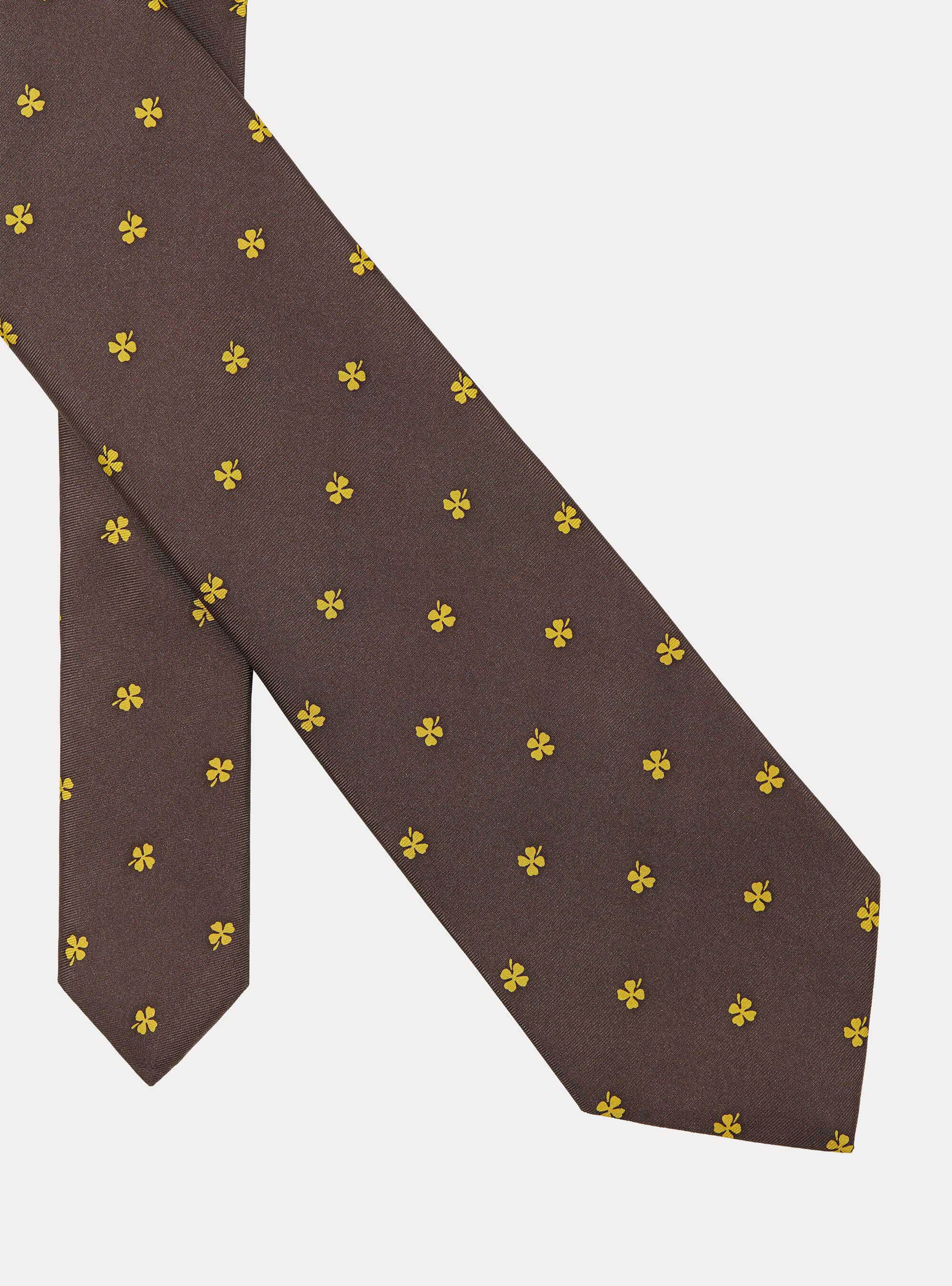 Silk tie with a four-leaf clover print, MARRONE/OCRA