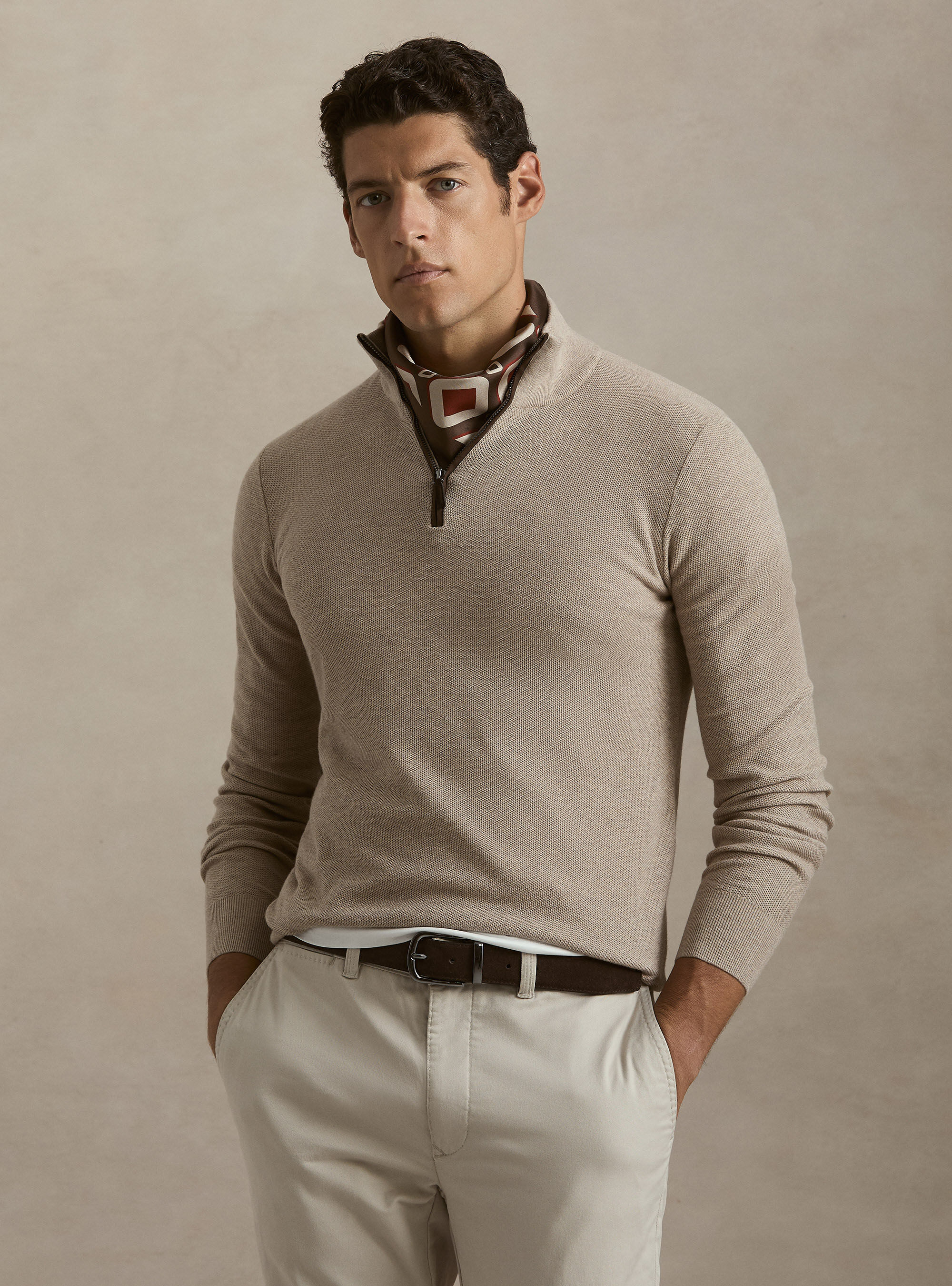 Maglia con mezza zip nido d'ape in cotone cashmere
