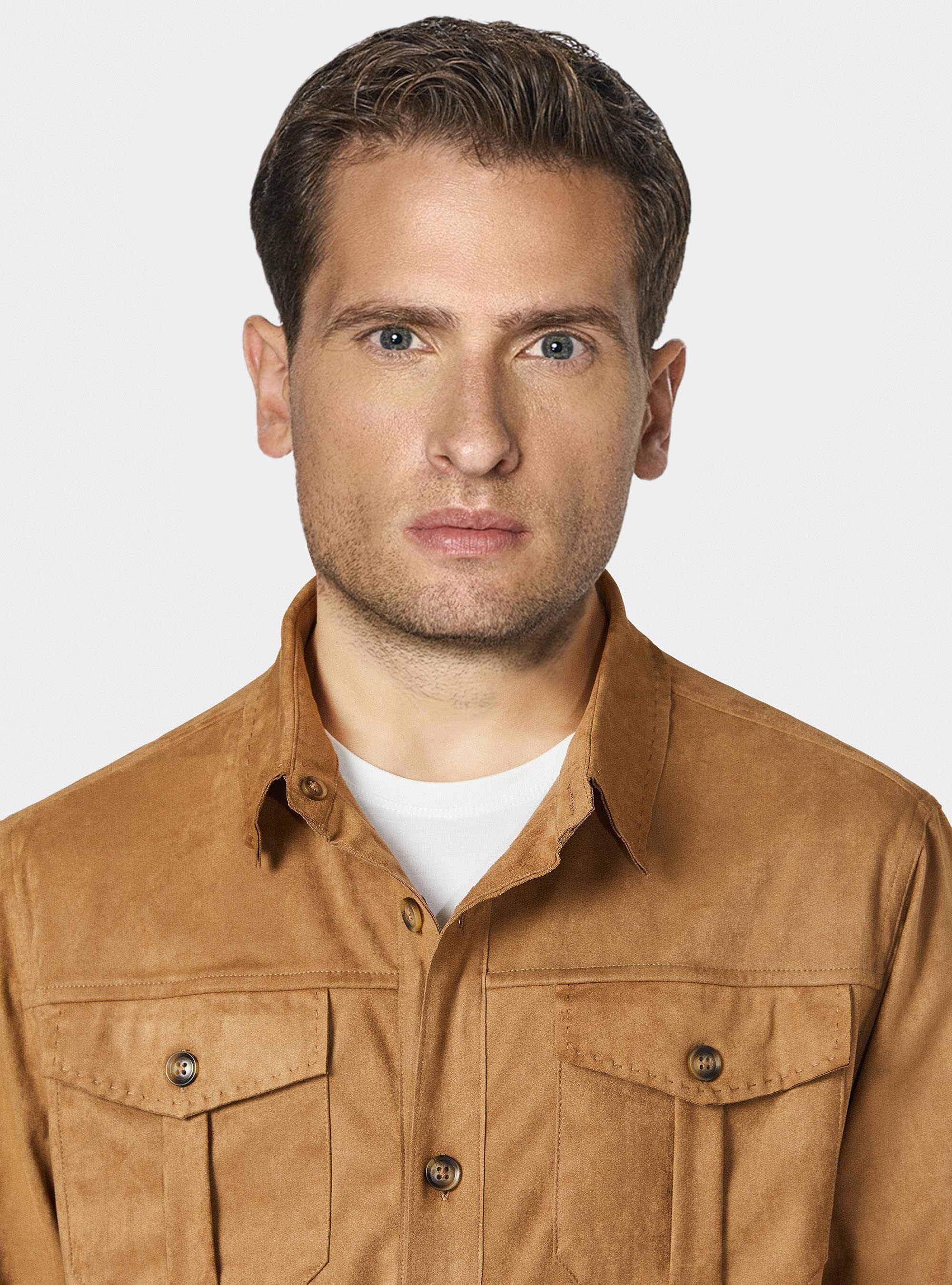 Giacca camicia effetto scamosciato, MARRONE