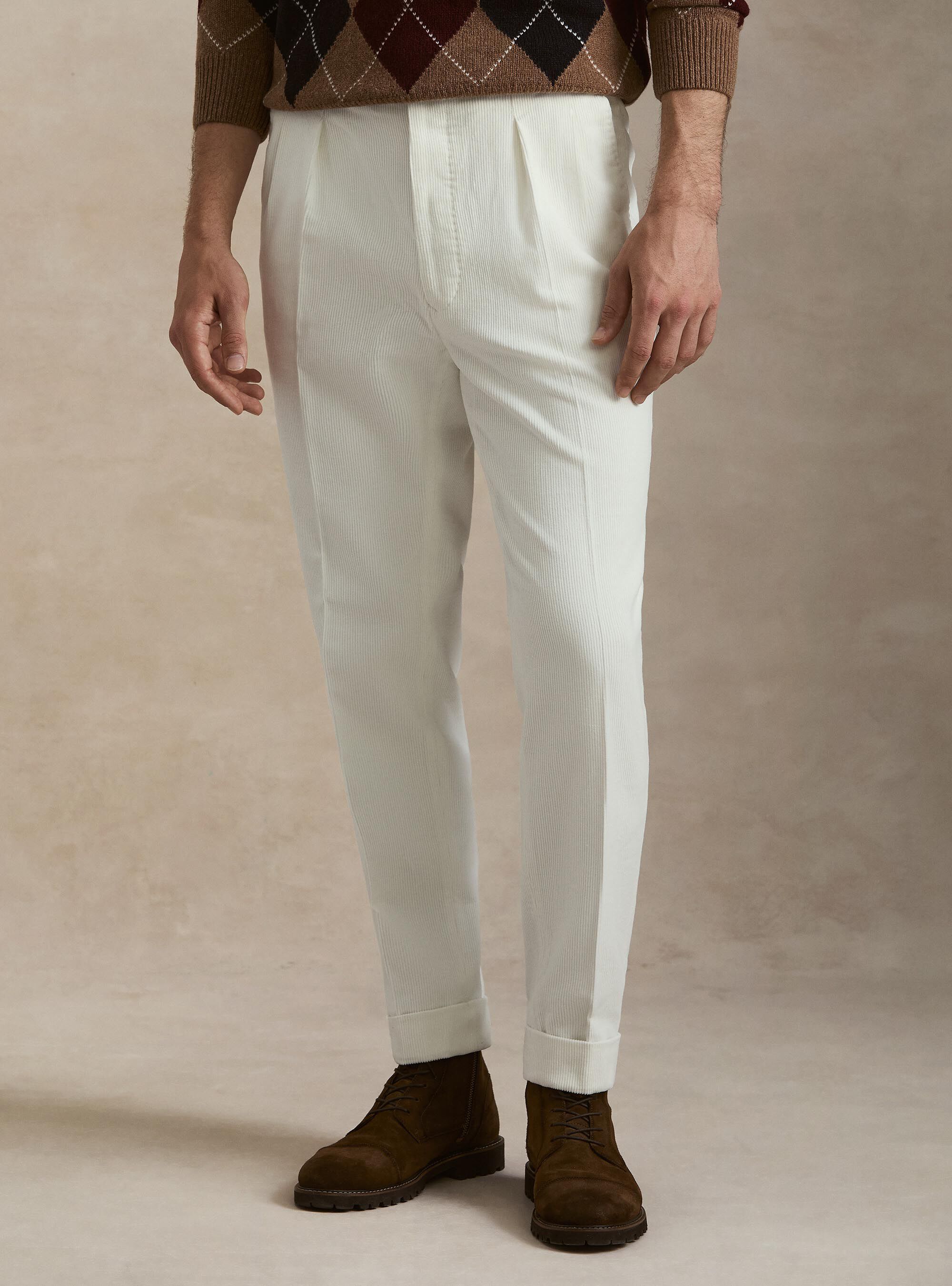Pantaloni con pince in velluto, BIANCO