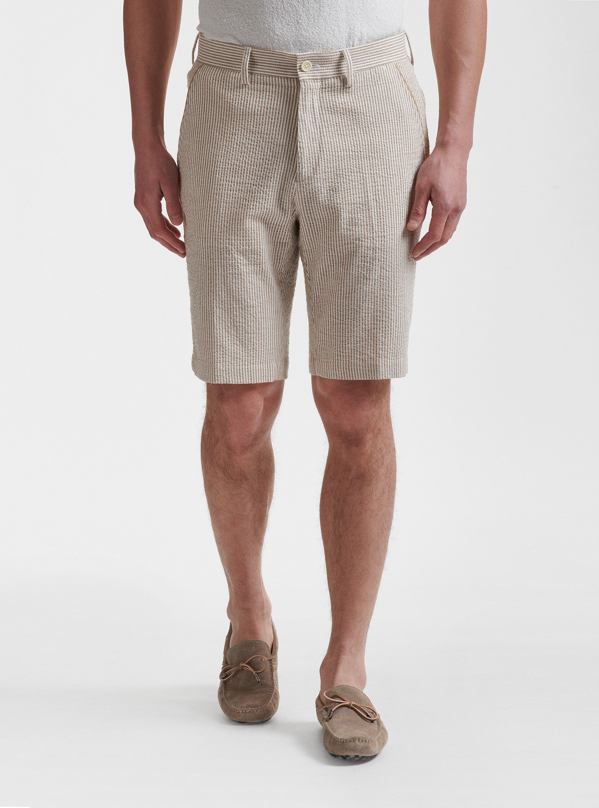 Bermuda rigato in cotone seersucker, ECRU