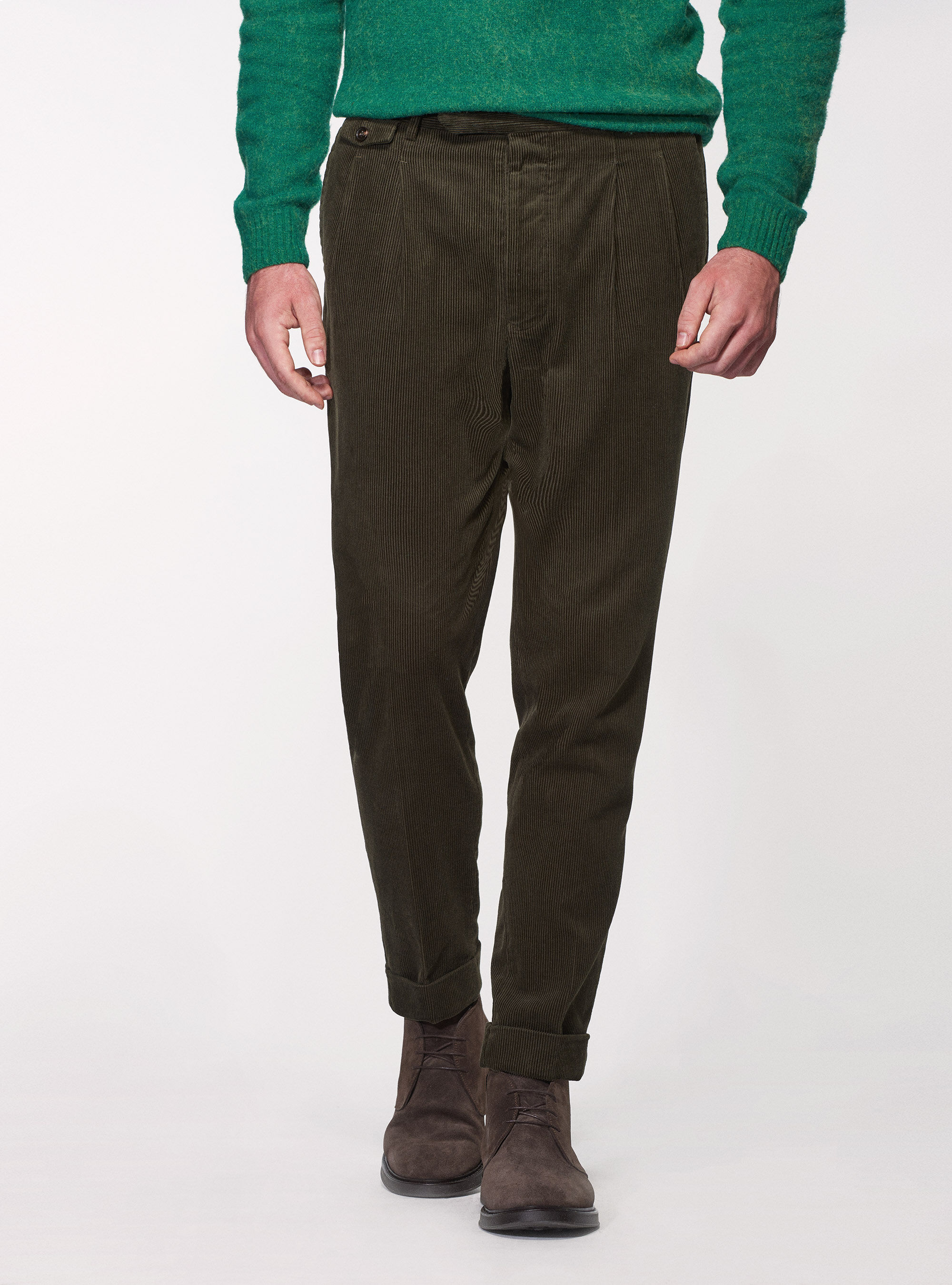 Pantalones de terciopelo de algod&oacute;n con correa lateral, VERDE