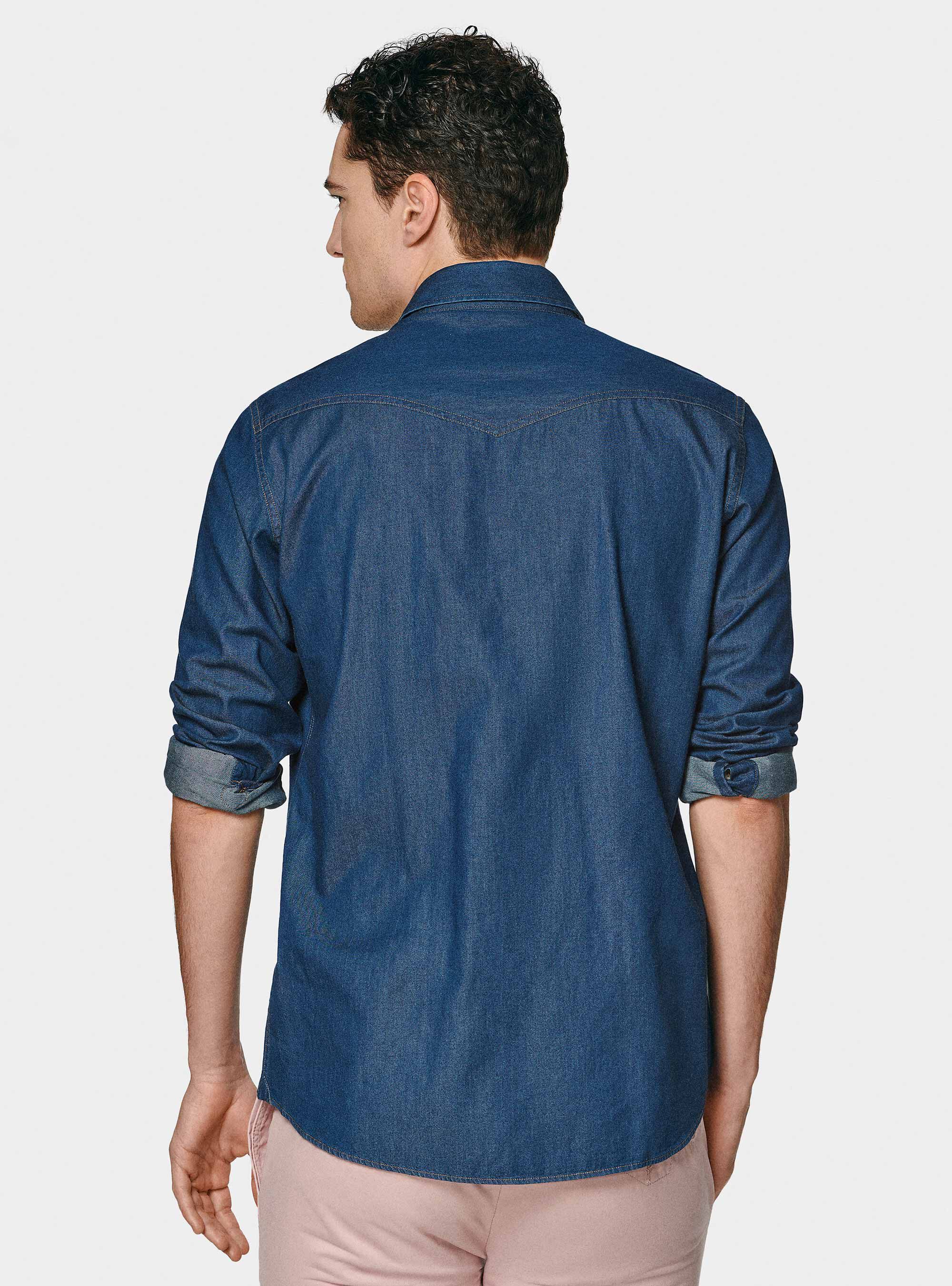 Camicia western in cotone chambray, BLU NAVY